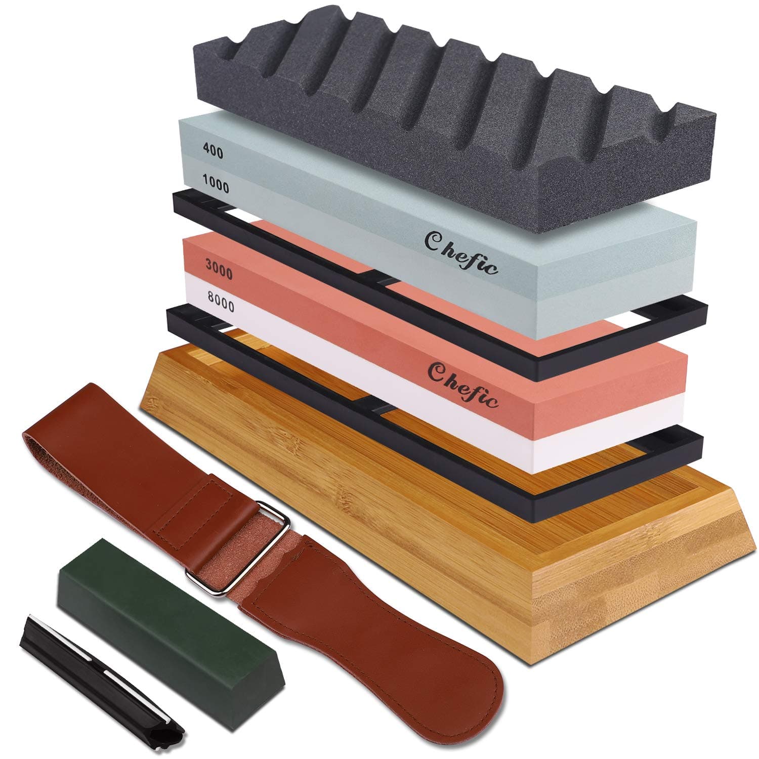 Whetstone Set Premium 2-IN-1 Sharpening Stone 3000/8000 and 400/1000 Grit Waterstone Kit - Knife Sharpener Stone Set Safe Non-Slip Bamboo Base Flattening Stone Included, Polishing Tool for Kitchen
