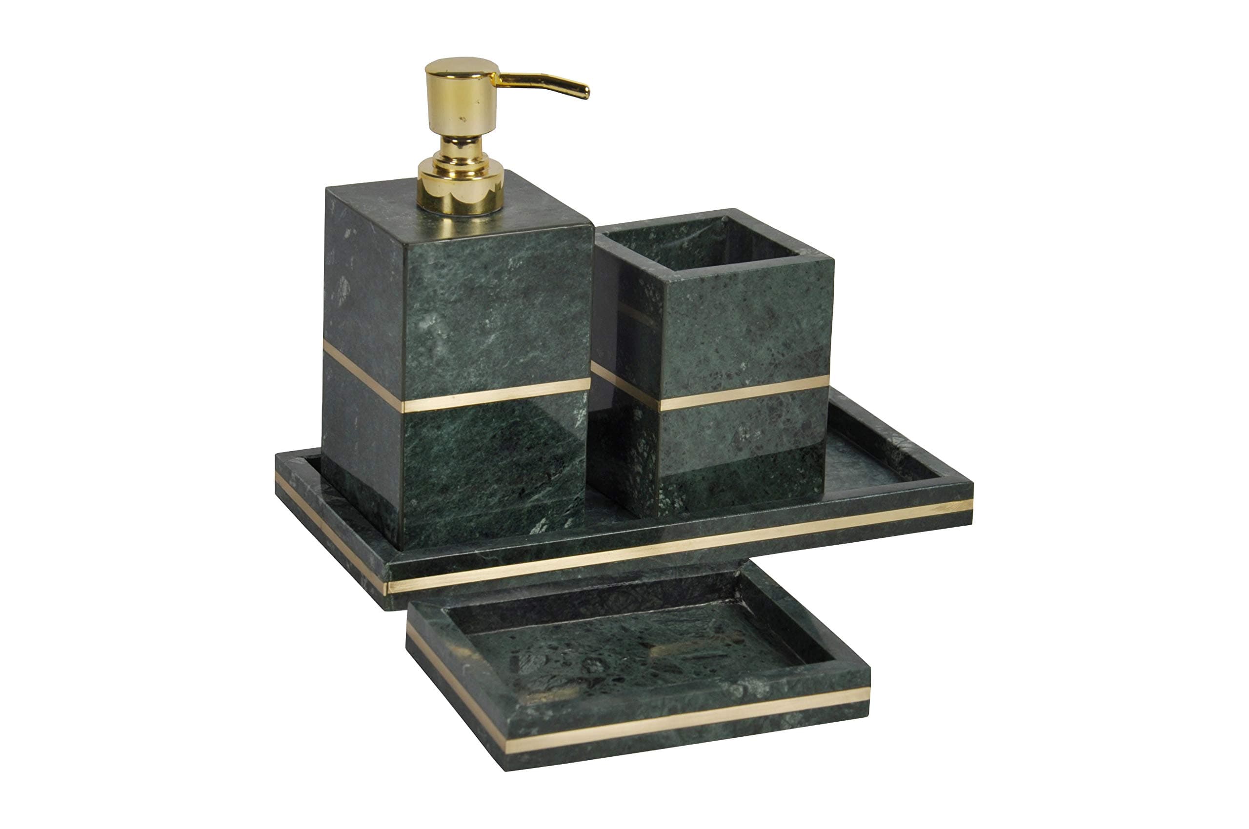 Lattoo Handmade Green Marble and Brass Bathroom Set | Tooth Paste/Brush Holder Towel Tray Soap Dispensers Set for Home Decor | Luxury Bath Accessories | Bathroom Set of 4