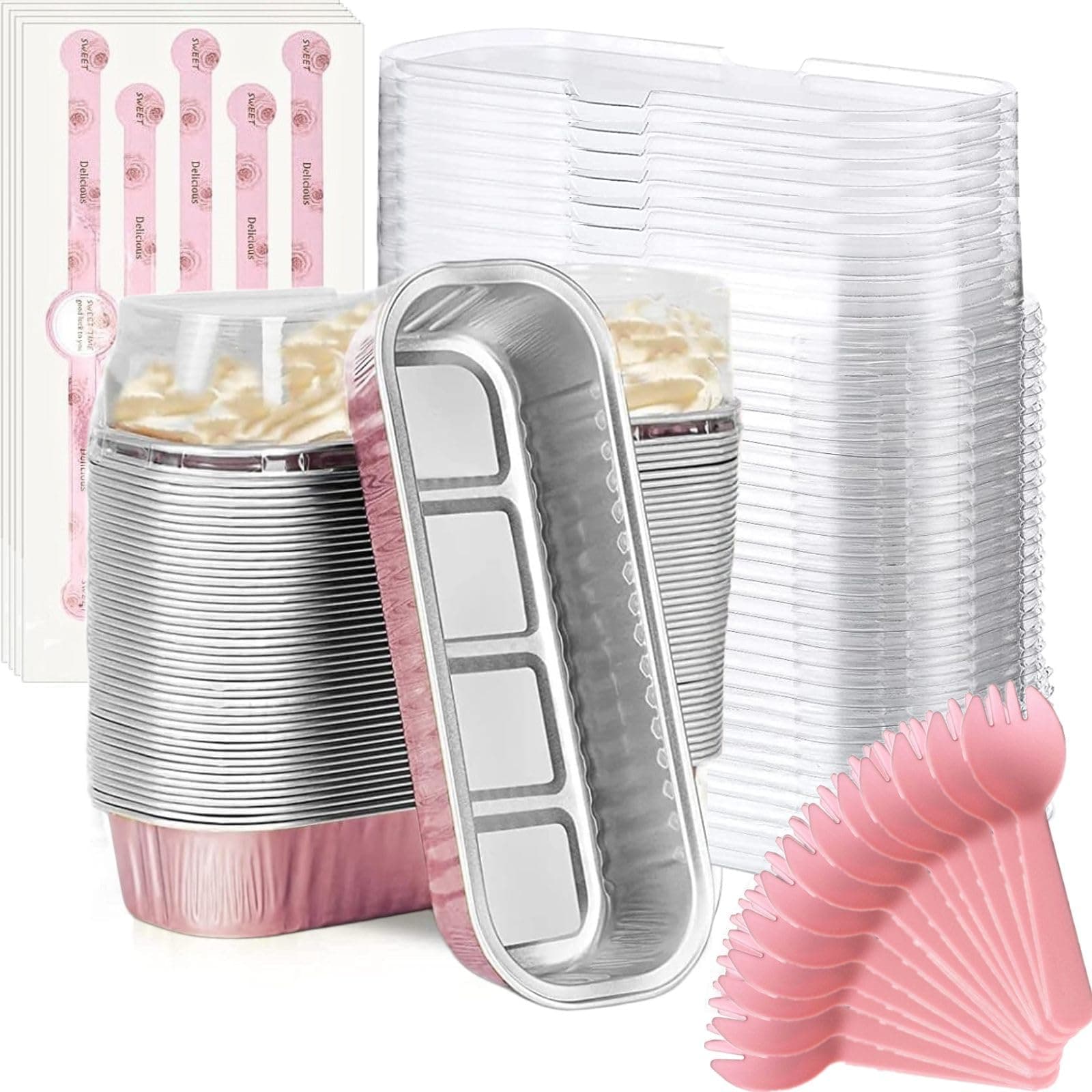Mini Loaf Baking Pans with Lids and Spoons (50 Pack, 6.8oz) Rectangle Aluminum Foil Baking Pans Tins Containers - Cupcake Containers Wrappers Cheesecake Creme Brulee Ramekins