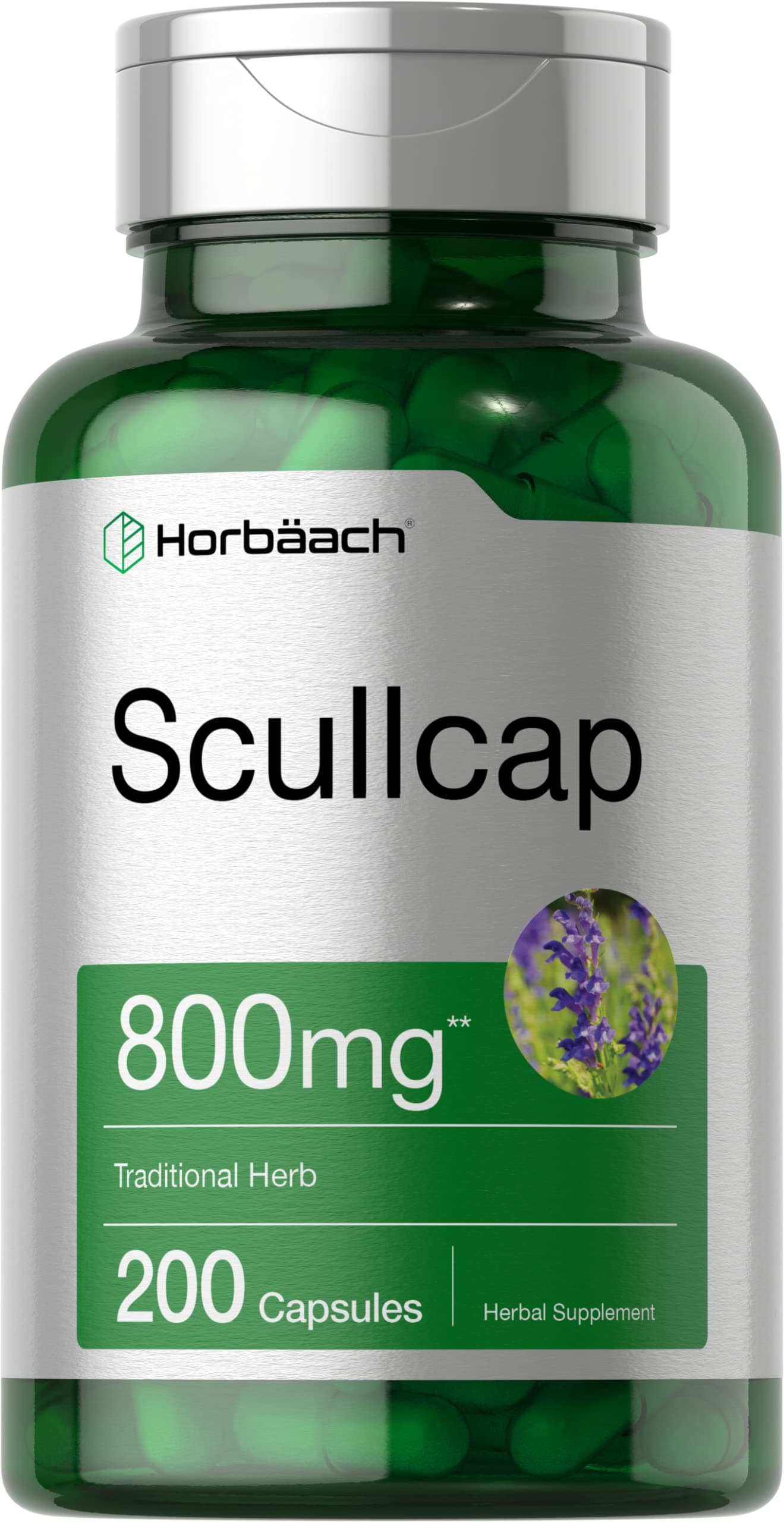 Horbäach Scullcap Capsules | 200 Count | Max Potency, Value Size | Non-GMO and Gluten Free Supplement | Scutellaria Baicalensis