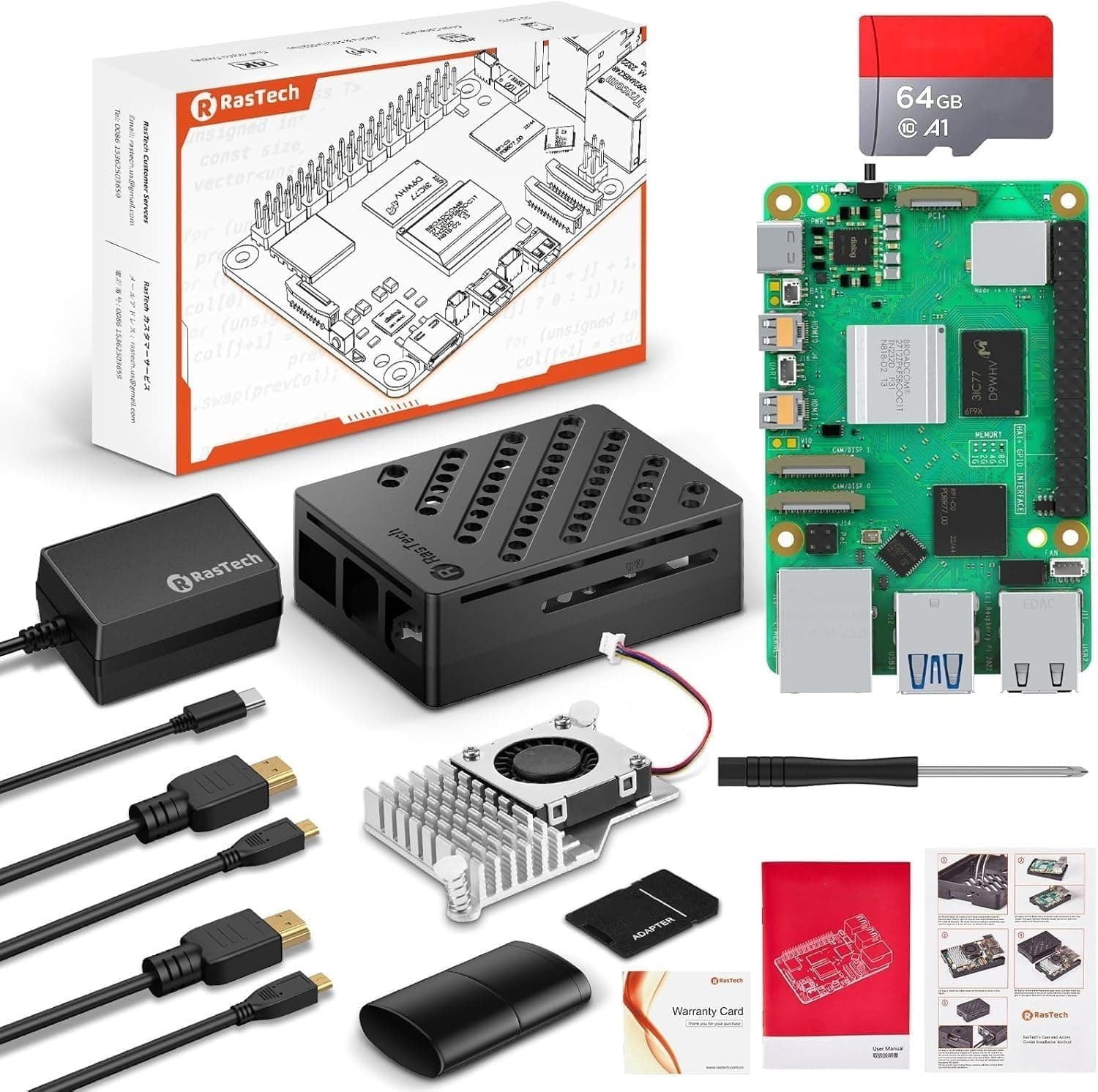 RasTech Raspberry Pi 5 8GB Kit 64GB Edition with Active Cooler,27W GaN 5.1V5A USB-C Power Supply,Pi5 8GB Board,64GB Card Readers Kit,Pi 5 Case,Dual 4K Micro HD Out Cables and User Manual
