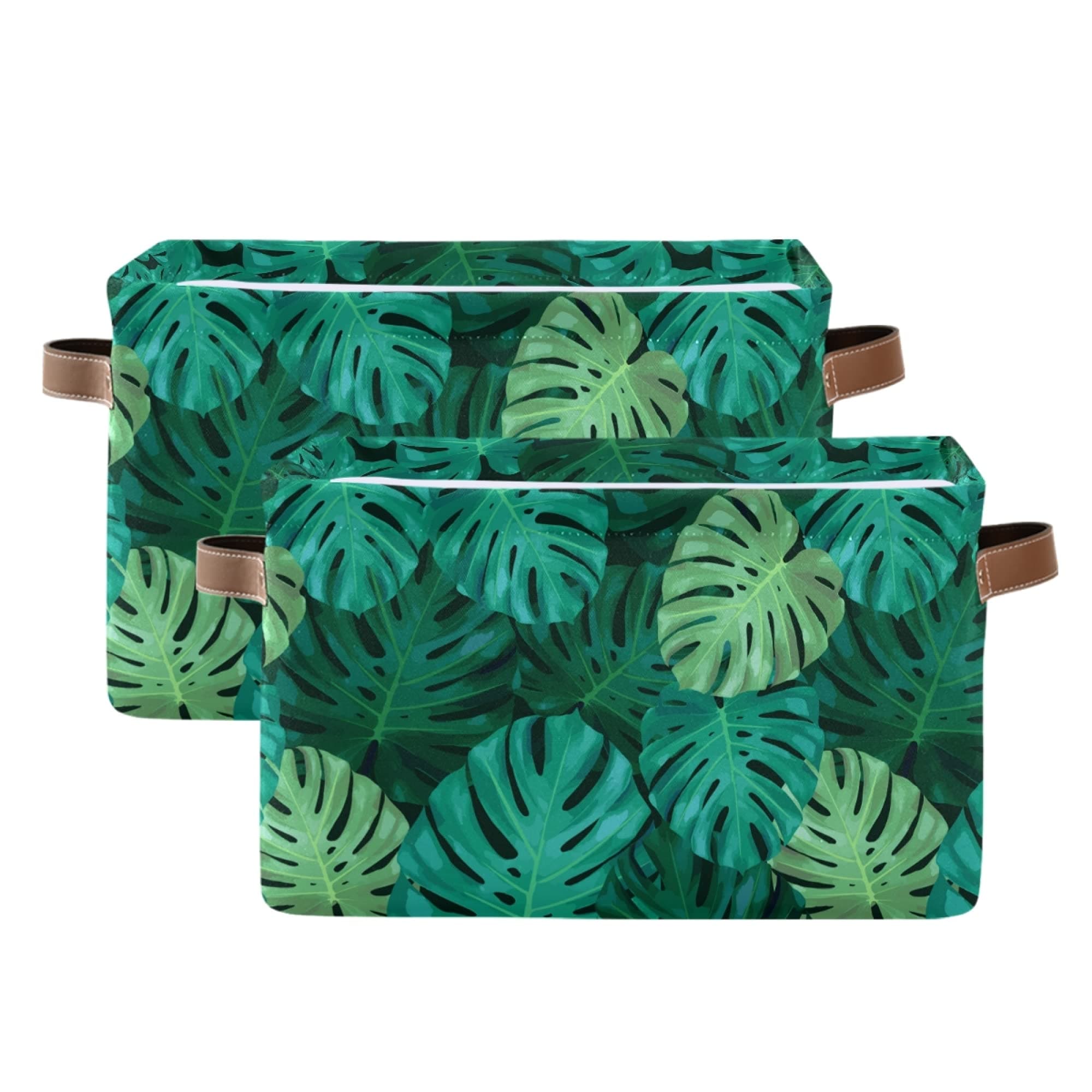 Fabric Storage Boxes with Leather Handle, Set of 2, Tropical Leaves Of The Palm Tree Waterproof Collapsible Canvas Organiser Cubes Toys Clothes Storage Cube Bins for Shelves Closet Household Organizer