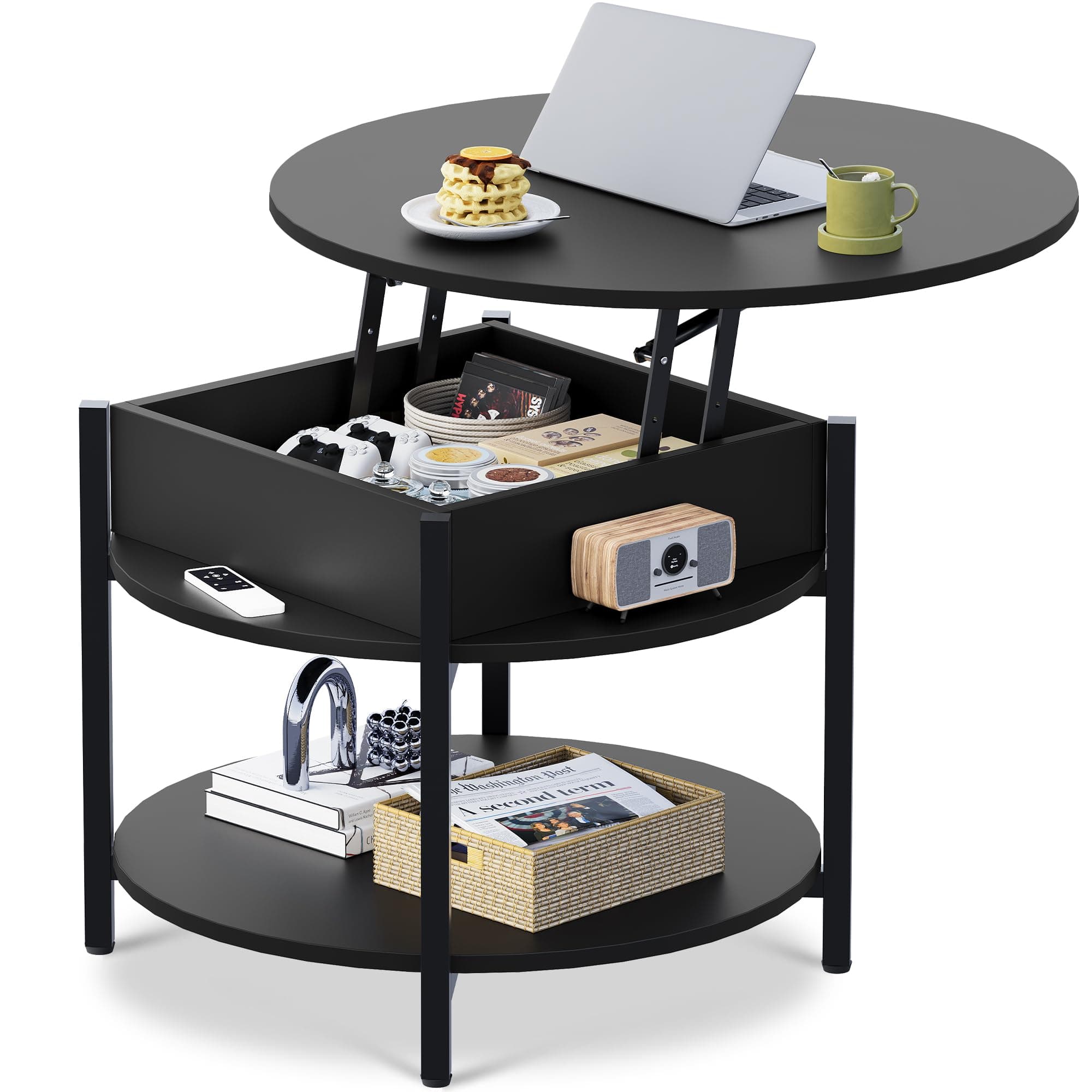 WLIVE Round Lift Top Coffee Table with Storage Shelf and Hidden Compartment, Farmhouse Small Coffee Table with 2 Tier for Living Room and Home Office, Black