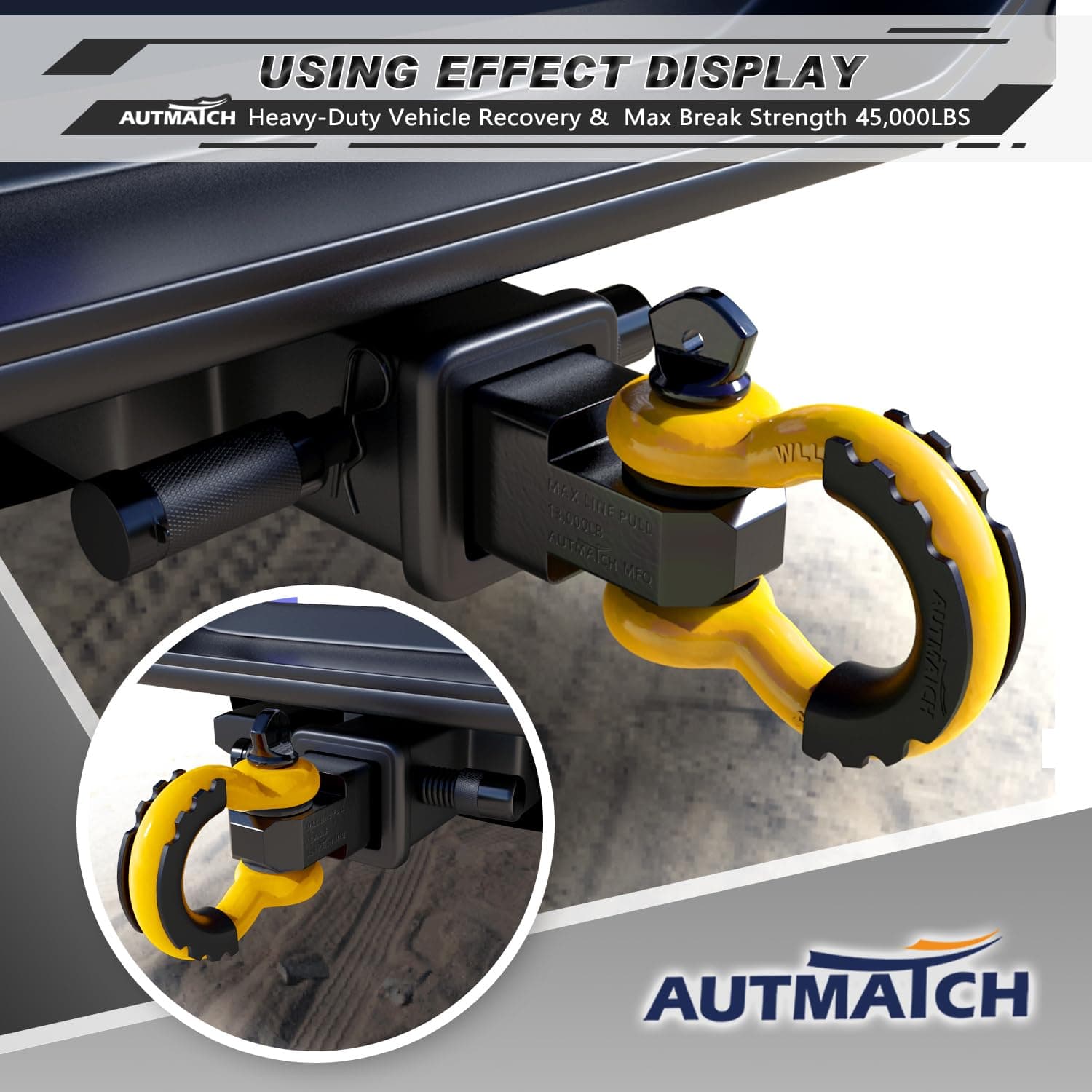 AUTMATCH Shackle Hitch Receiver 2 Inch - 3/4" D Ring Shackle and 5/8" Trailer Hitch Lock Pin, 45,000 Lbs Break Strength Heavy Duty Receiver Towing Kit for Off-Road Vehicle Recovery, Black & Yellow