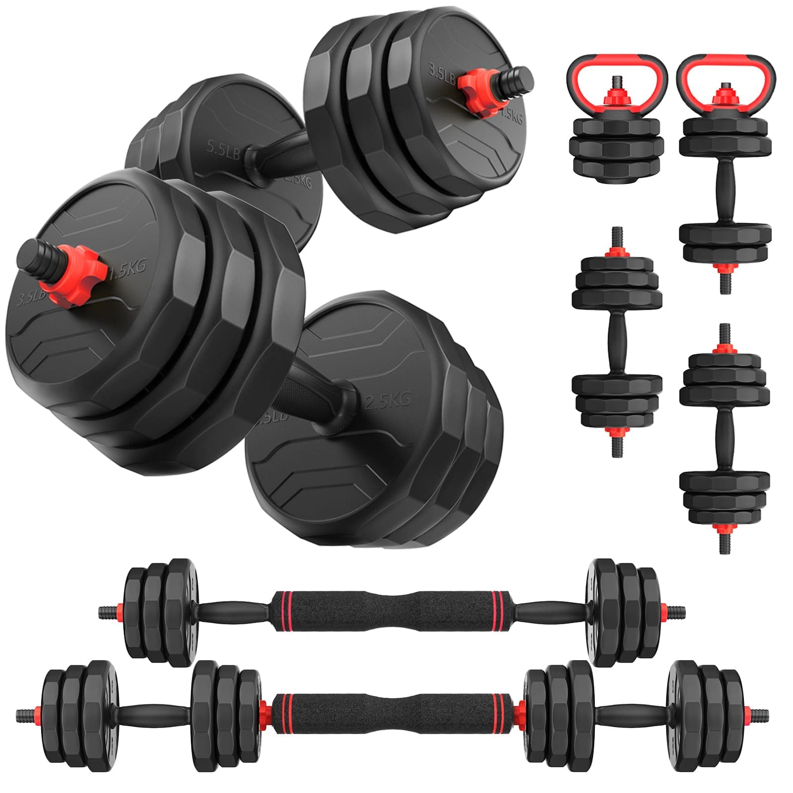 UKEEP Adjustable Dumbbells, 20/30/40/55/60/70/80/90lbs Free Weights Dumbbells Convertible 2 or 3 in 1 Set Used as Barbell, Kettlebells, A Pair of Lightweight for Home Gym