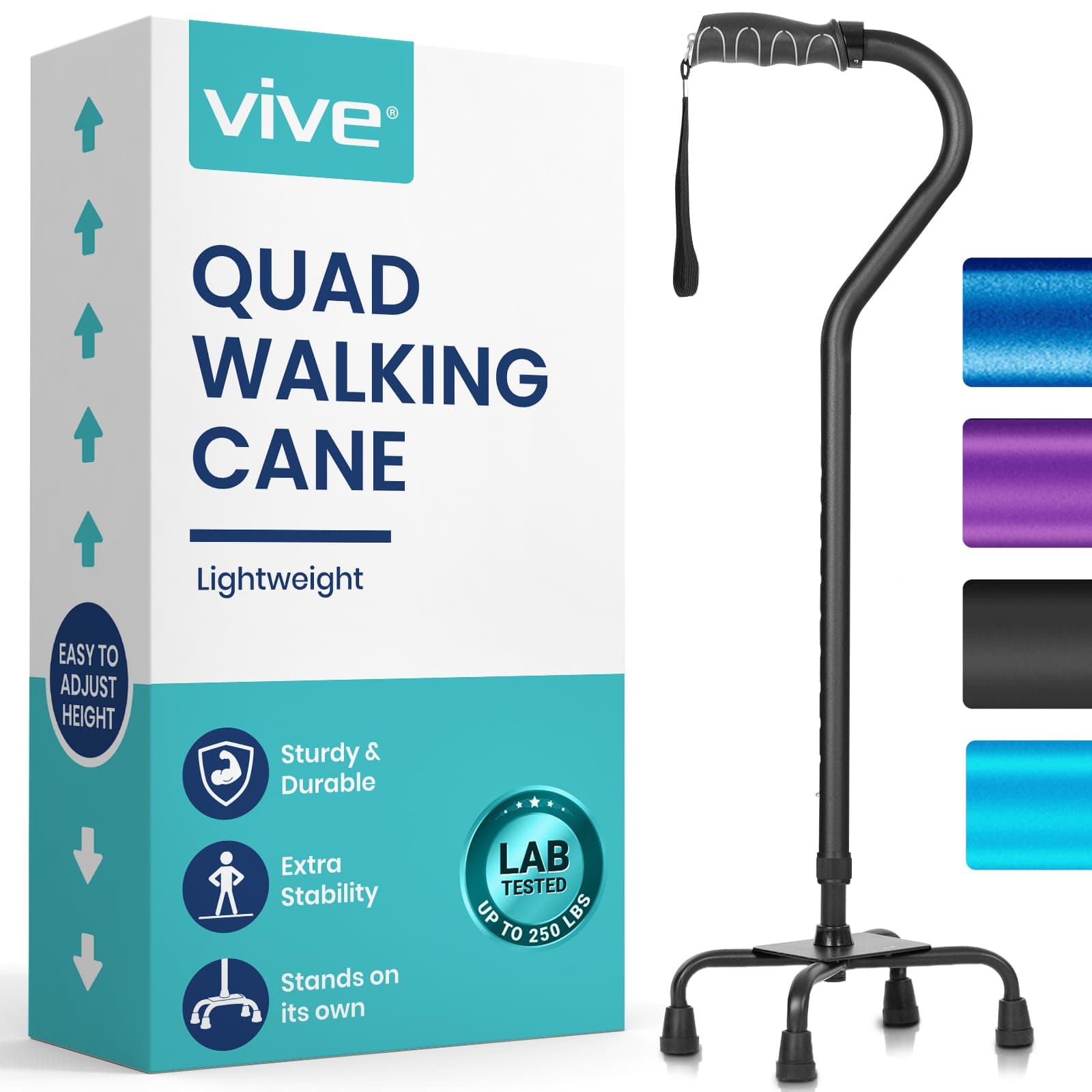 Adjustable Quad Cane by Vive - Lightweight Walking Stick for Men and Women - Walking Staff Can Be Used By Right- or Left-Handed Individuals - Fashionable and Sturdy (Black)