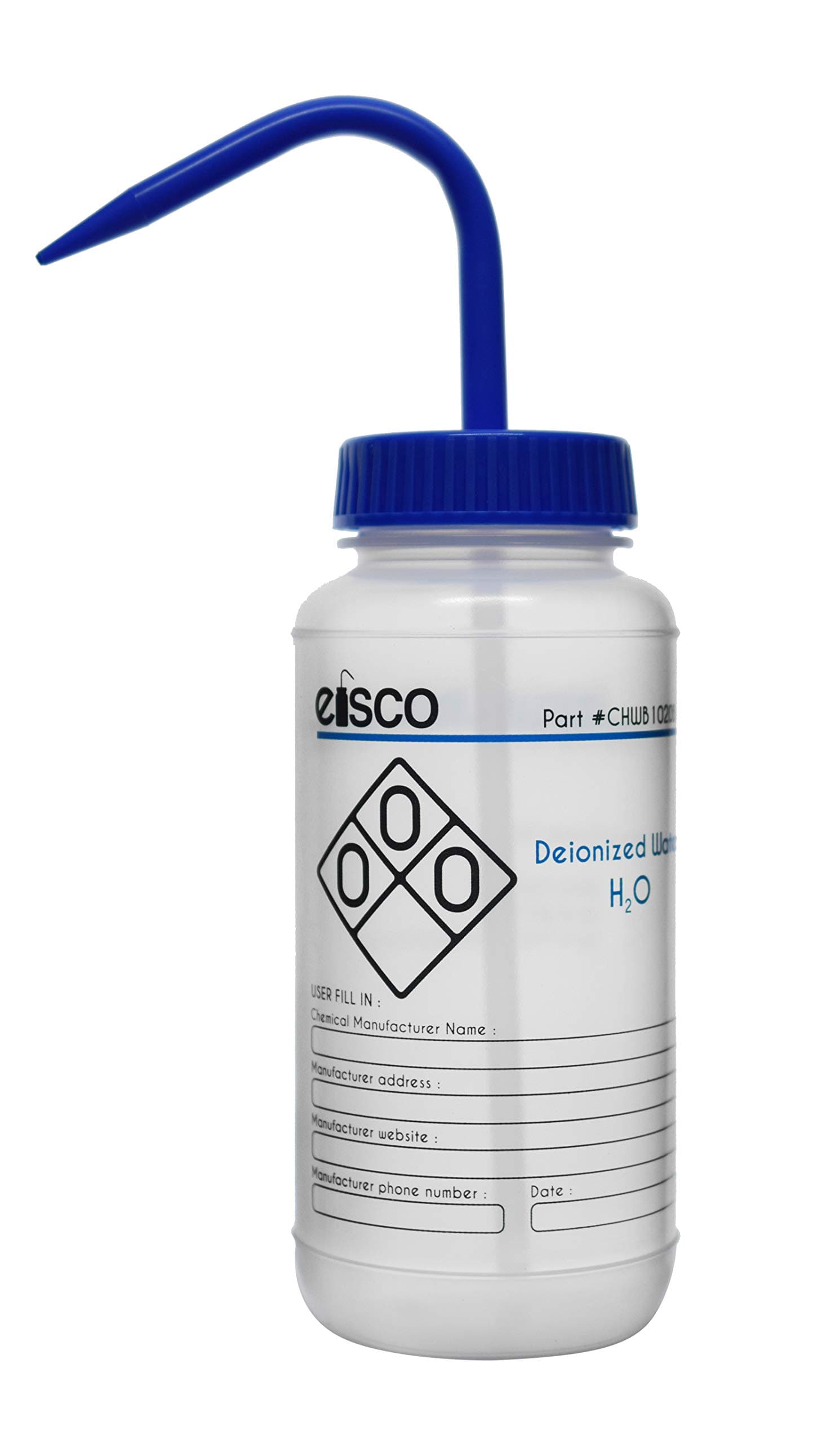 Wash Bottle for Deionized Water, 500ml - Labeled with Color Coded Chemical & Safety Information (2 Color) - Wide Mouth, Self Venting, Polypropylene - Performance Plastics Labs