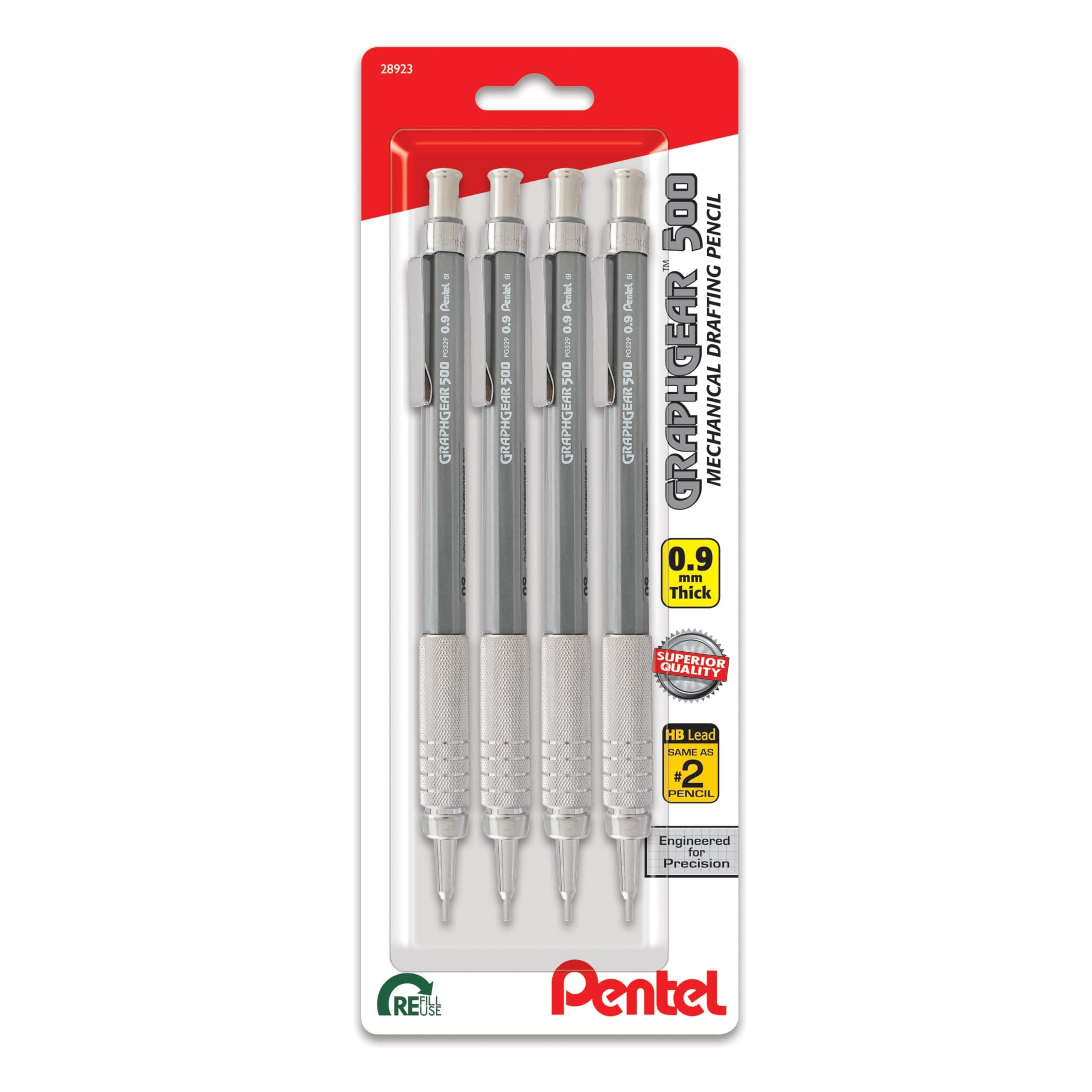 GraphGear 500 Mechanical Drafting Pencil, (0.9mm), Bold Line, Gray Barrel, Pack of 4 (PG529BP4N)