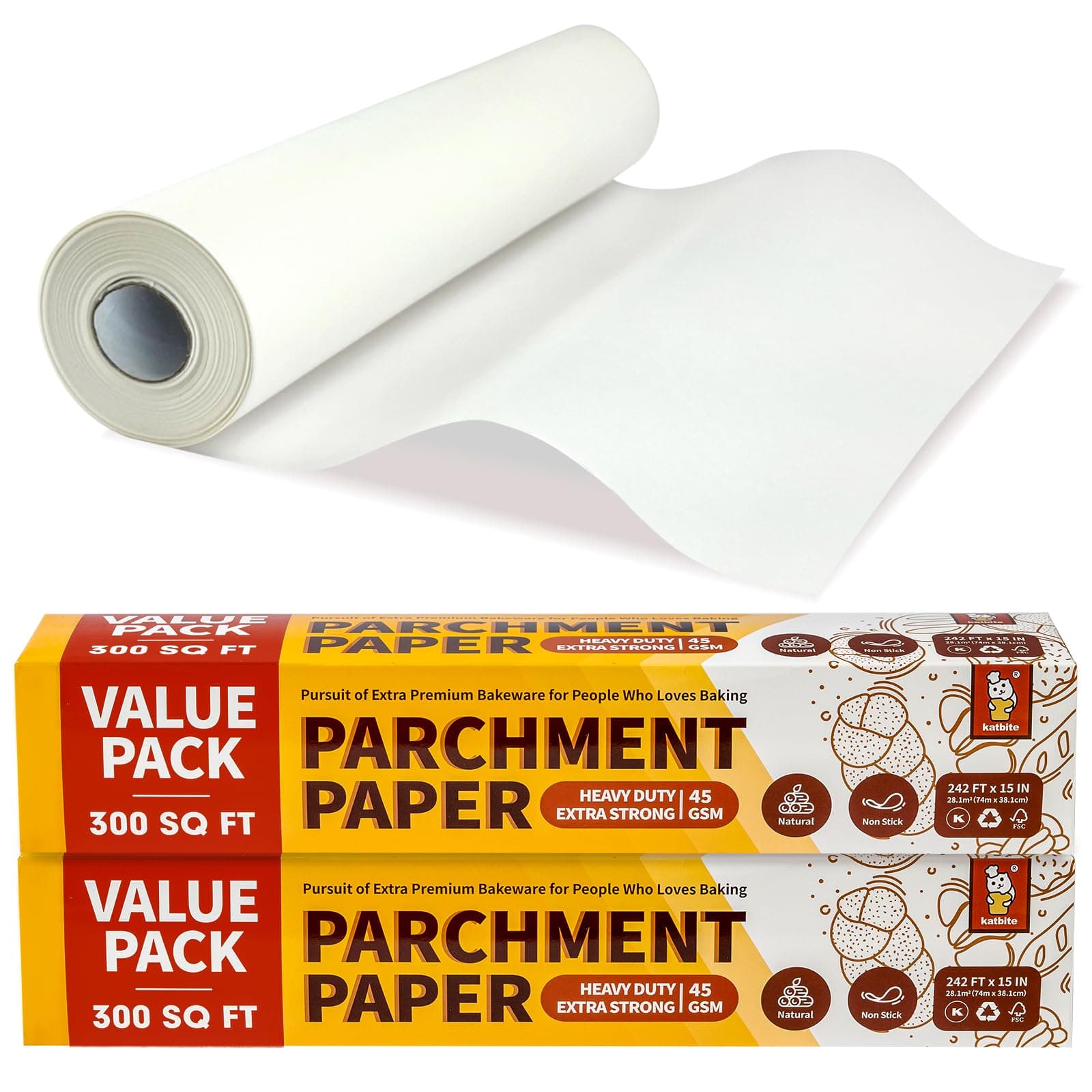 Katbite 2 Pack 15in x 242ft Parchment Paper Roll, 300 Sq. Ft Non-stick Baking Paper with Serrated Cutter, Perfect for Cooking, Air Fryer, Steaming, Bread - Value Pack