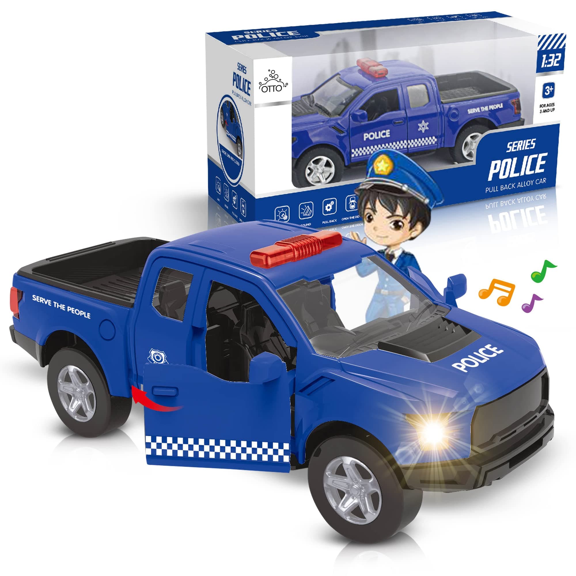Otto Police Car, Pull-Back Metal Strong Car, Doors Open & Close, Lights & Sirens, Interactive Kids Toy - for Boys & Girls Age 3 and Up
