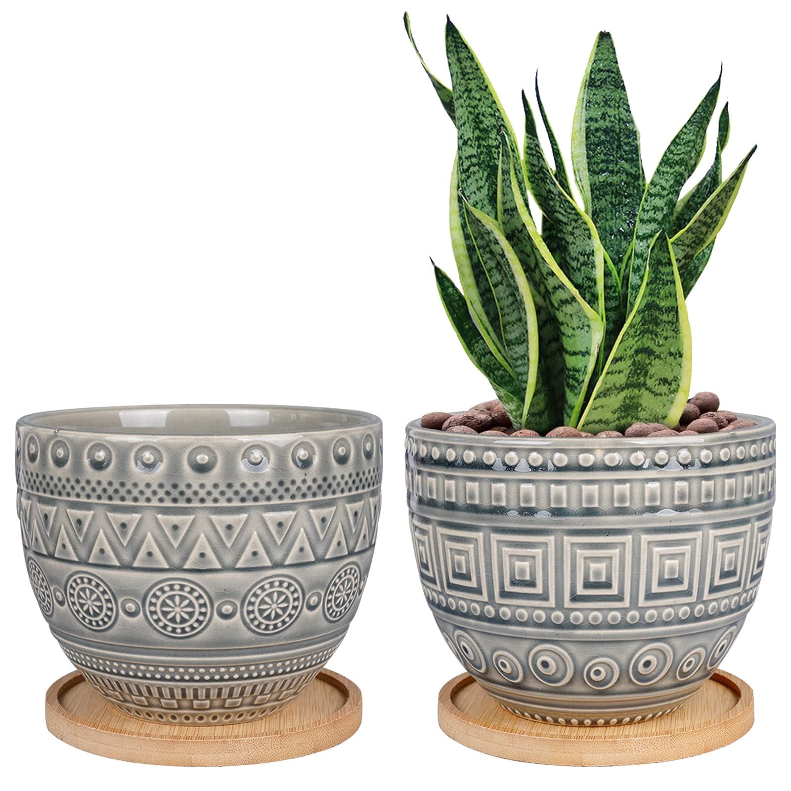 G EPGardening Retro Gray Succulent Planters Indoor Ceramic Geometry Pattern Flower Pots Set of 2 with Bamboo Tray