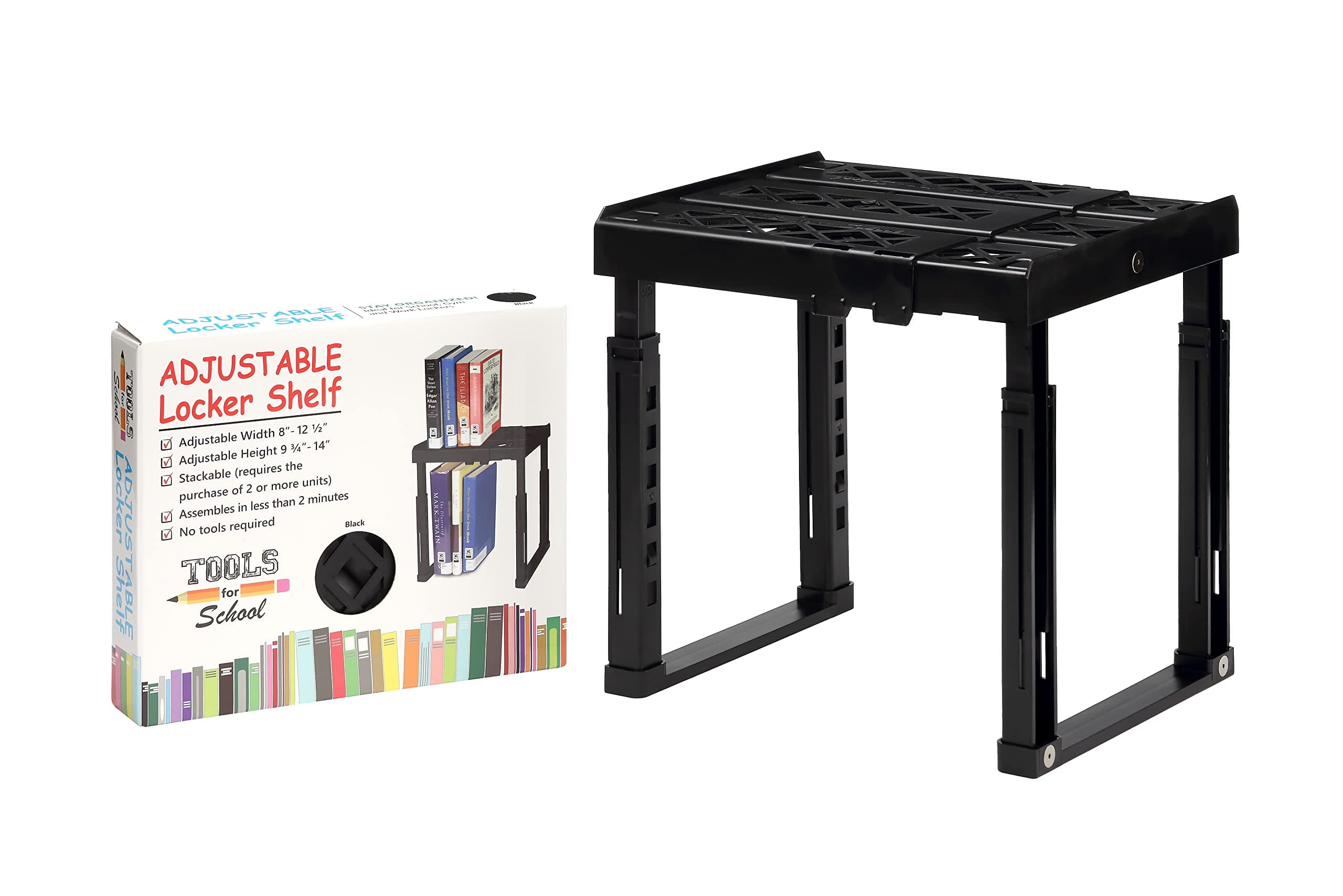 Locker Shelf. Adjustable Width 8" - 12 1/2" and Height 9 3/4" - 14". Stackable and Heavy Duty. (Black, Single)