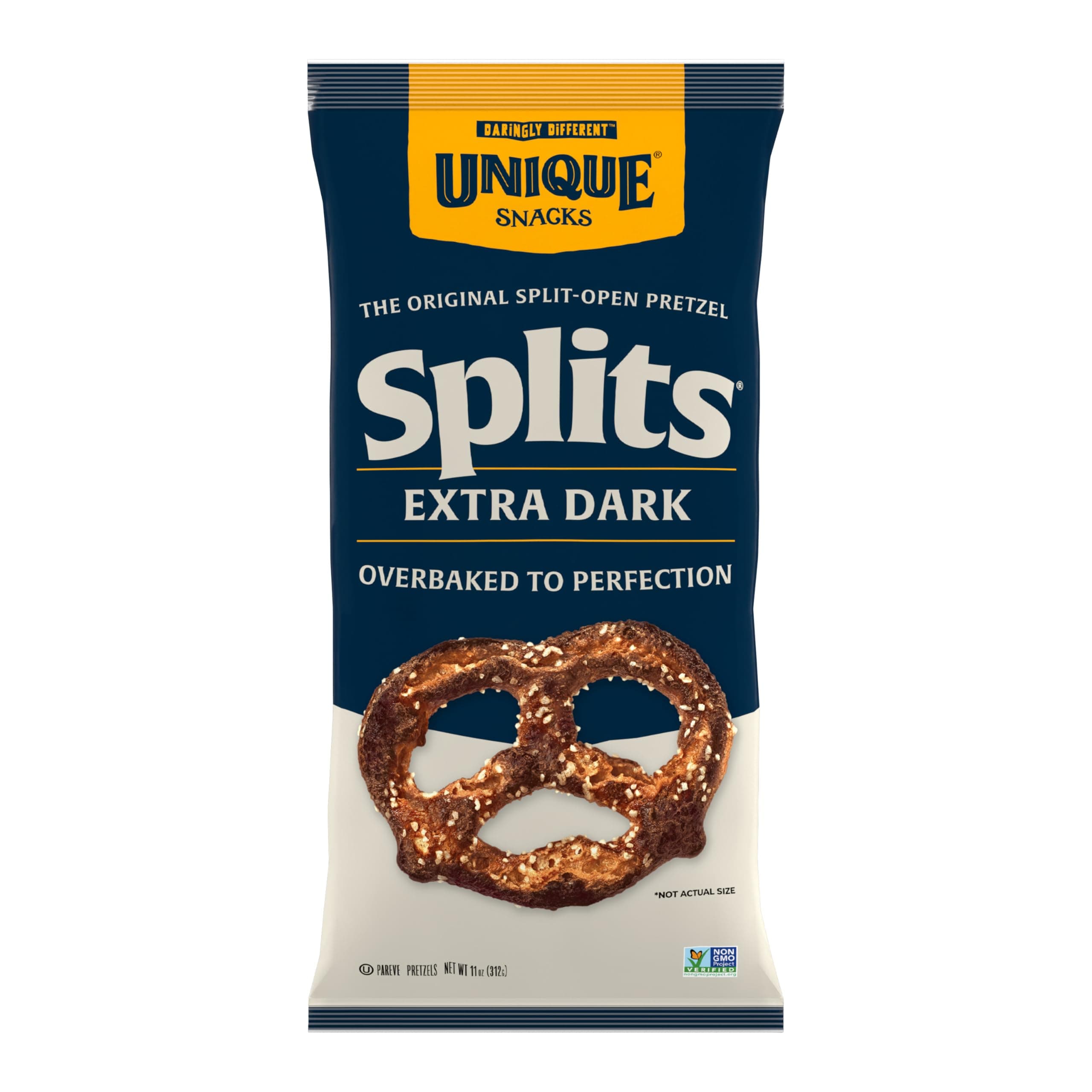 Unique Snacks Extra Dark Splits Pretzels, Original Split-Open Pretzels, Delicious Homestyle Baked Snack Bag, Vegan, OU Kosher, and Non-GMO Food, No Artificial Flavor, 11 Oz. Bag, Pack of 6