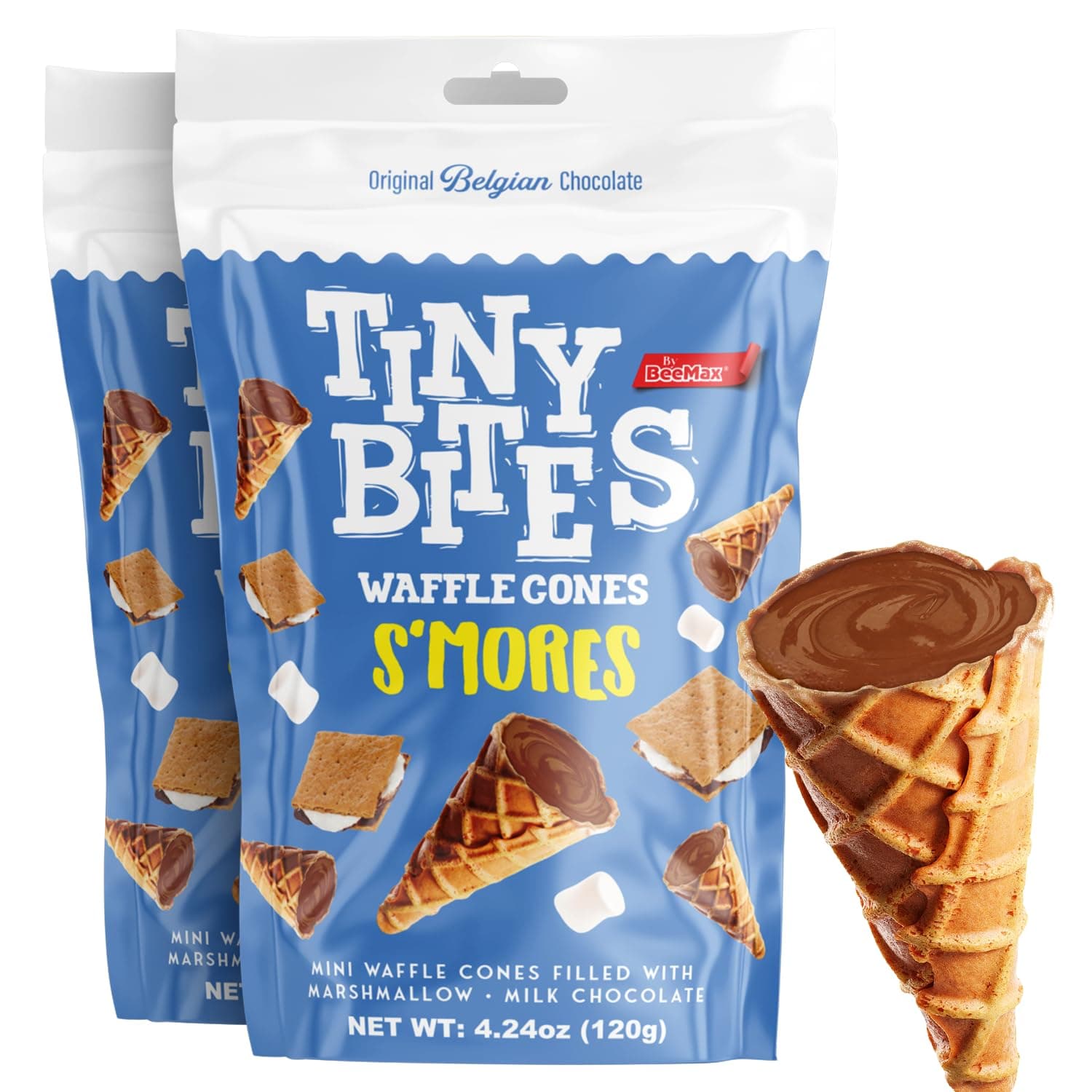 BEEMAX Tiny Bites S'mores Mini Waffle Cones, Crispy Filled with Belgian Milk Chocolate & Marshmallow Flavor, Smores Snacks for Parties, Lunchboxes, Dessert Boards, 4.24 oz Bag, 2-Pack