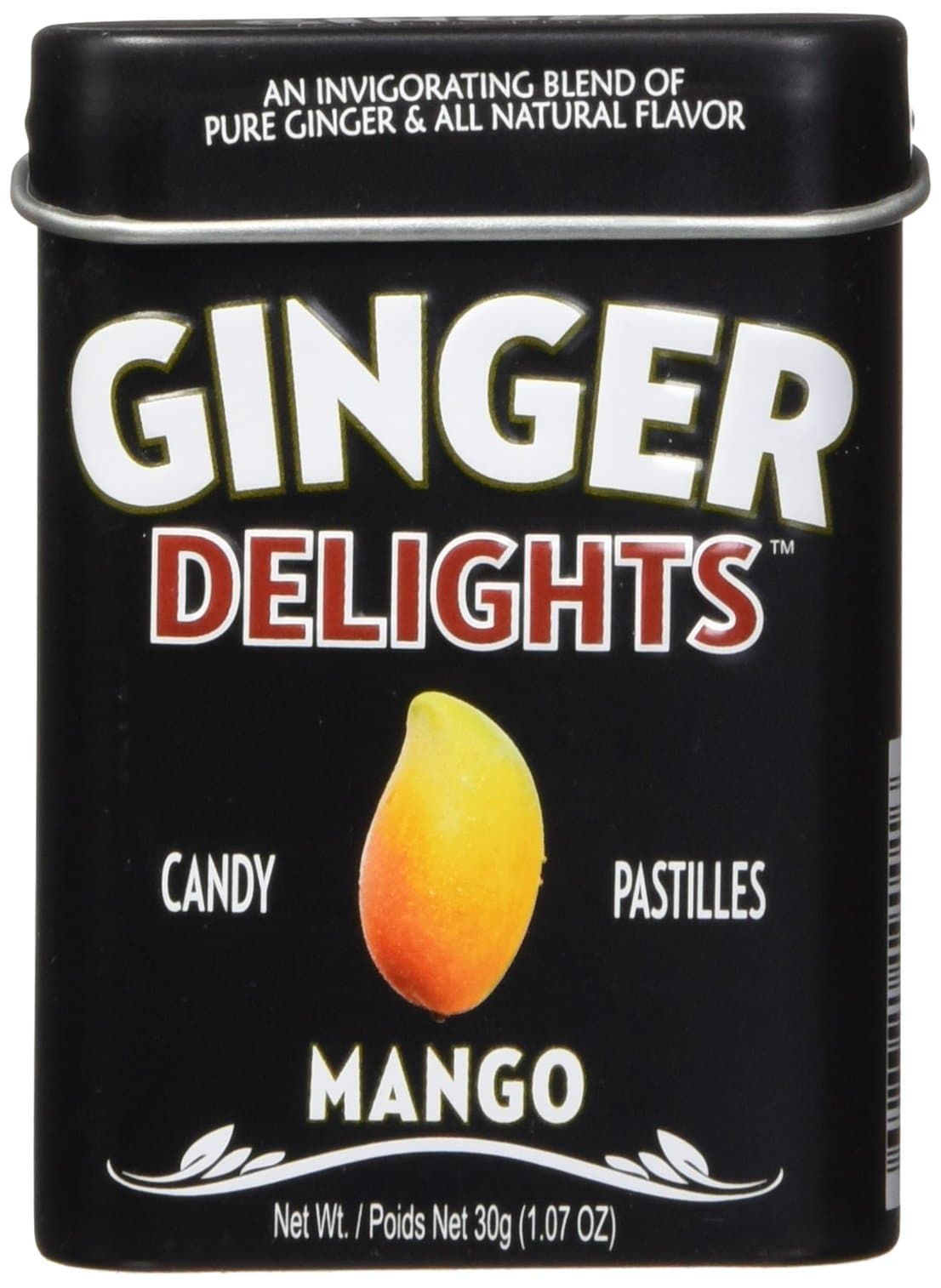 Ginger Delights Mango Candy | Genuine Ground Ginger Root, Natural Flavors | Kosher Certified, Vegan, Gluten Free | Aspartame & Xylitol Free | 30 Pieces per Tin (Pack of 12)