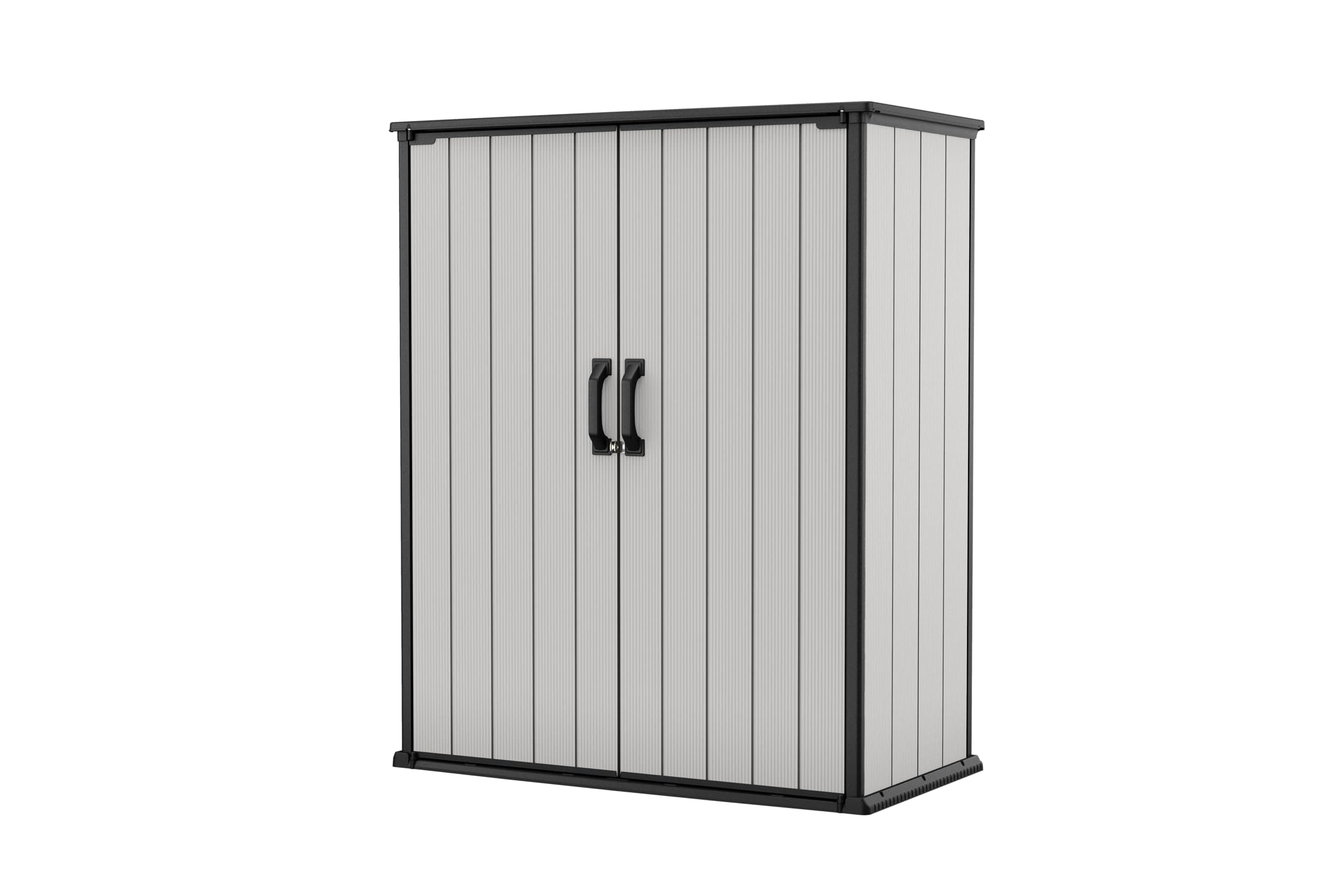 Keter Premier Tall 4.6 x 5.6 ft. Resin Outdoor Storage Shed with Shelving Brackets for Patio Furniture, Pool Accessories, and Bikes, Grey & Black