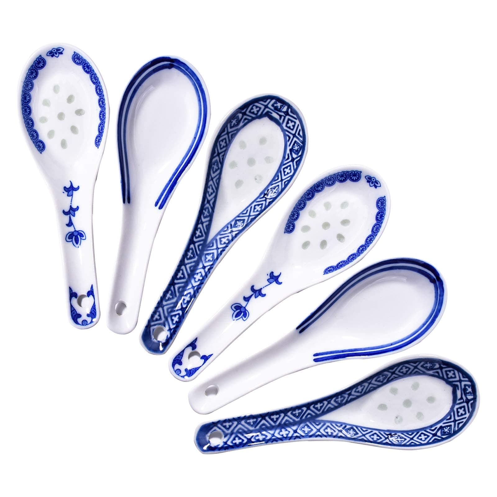 KASTWAVE Ceramic Chinese Soup Spoon Set - 6 Piece Blue and White Porcelain Reusable Dining Spoons for Ramen, Wonton, Dumpling, Miso - Home Kitchen Dining