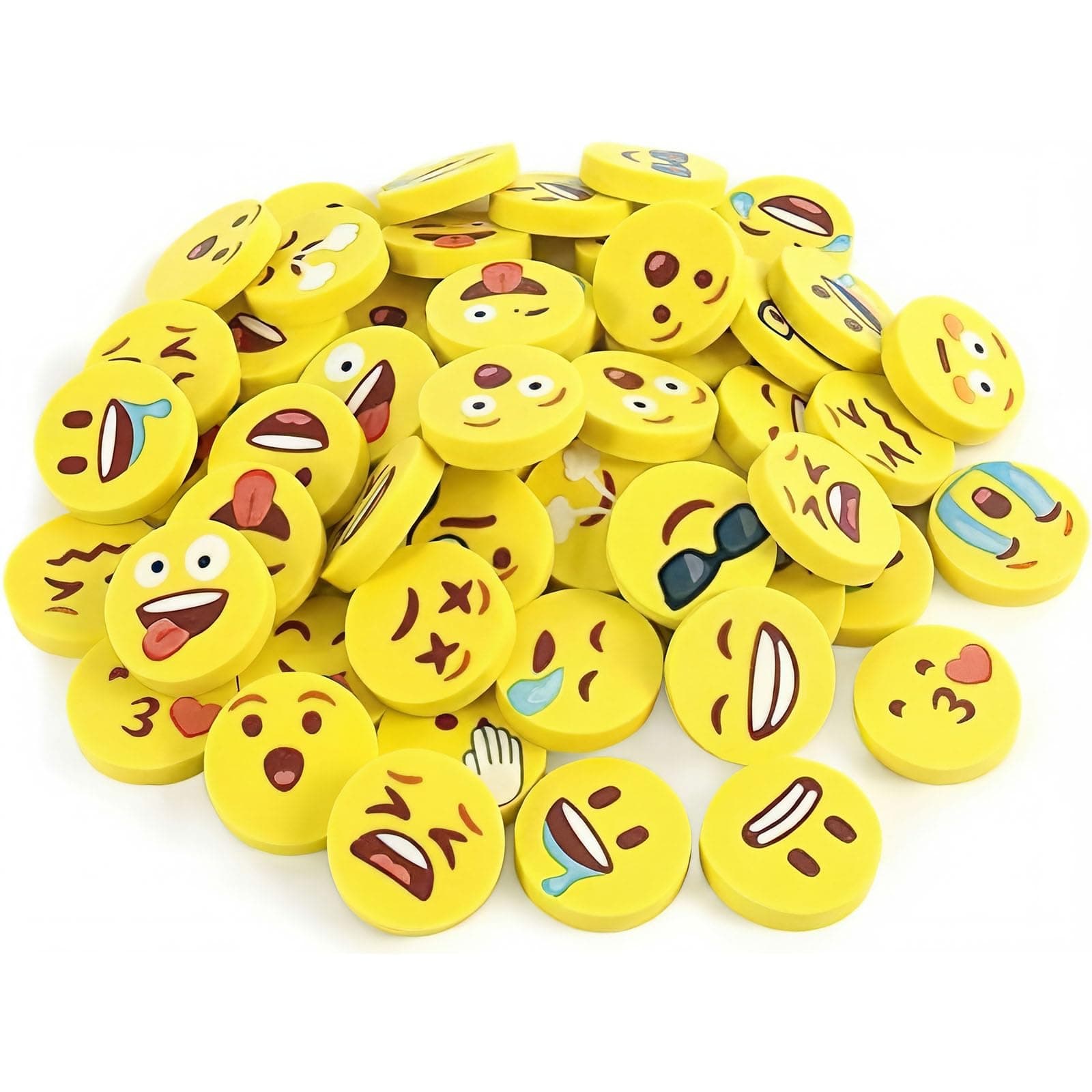 LovesTown 60 Pcs Mini Erasers for Kids Bulk - 1 Inch Emoticon Face Round Erasers - Fun Classroom Rewards, Treasure Box Prizes, Goodie Bag Stuffers & Party Favors