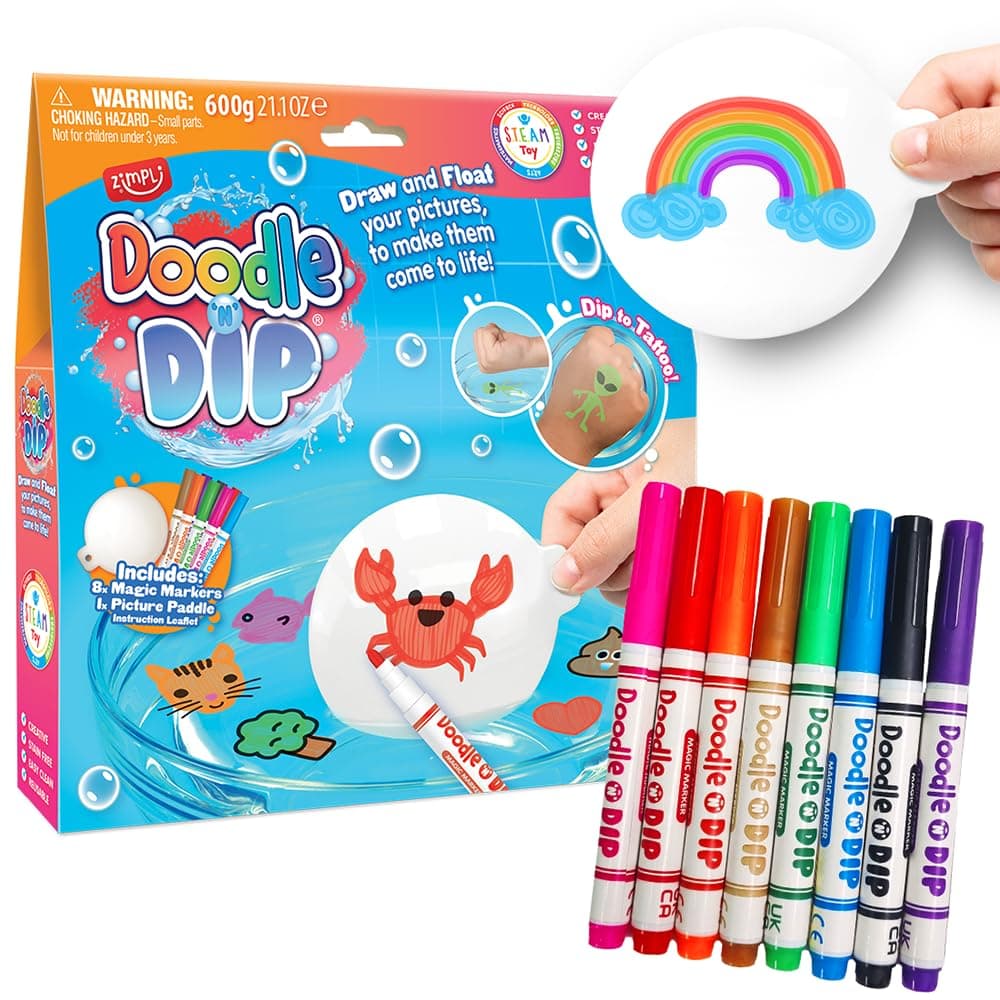 ZIMPLI - Doodle N Dip, 8 x Magic Markers, Picture Paddle, Draw and Float your Pictures and add them as Temporary Tattoos, Magical Water Colour Painting Pens