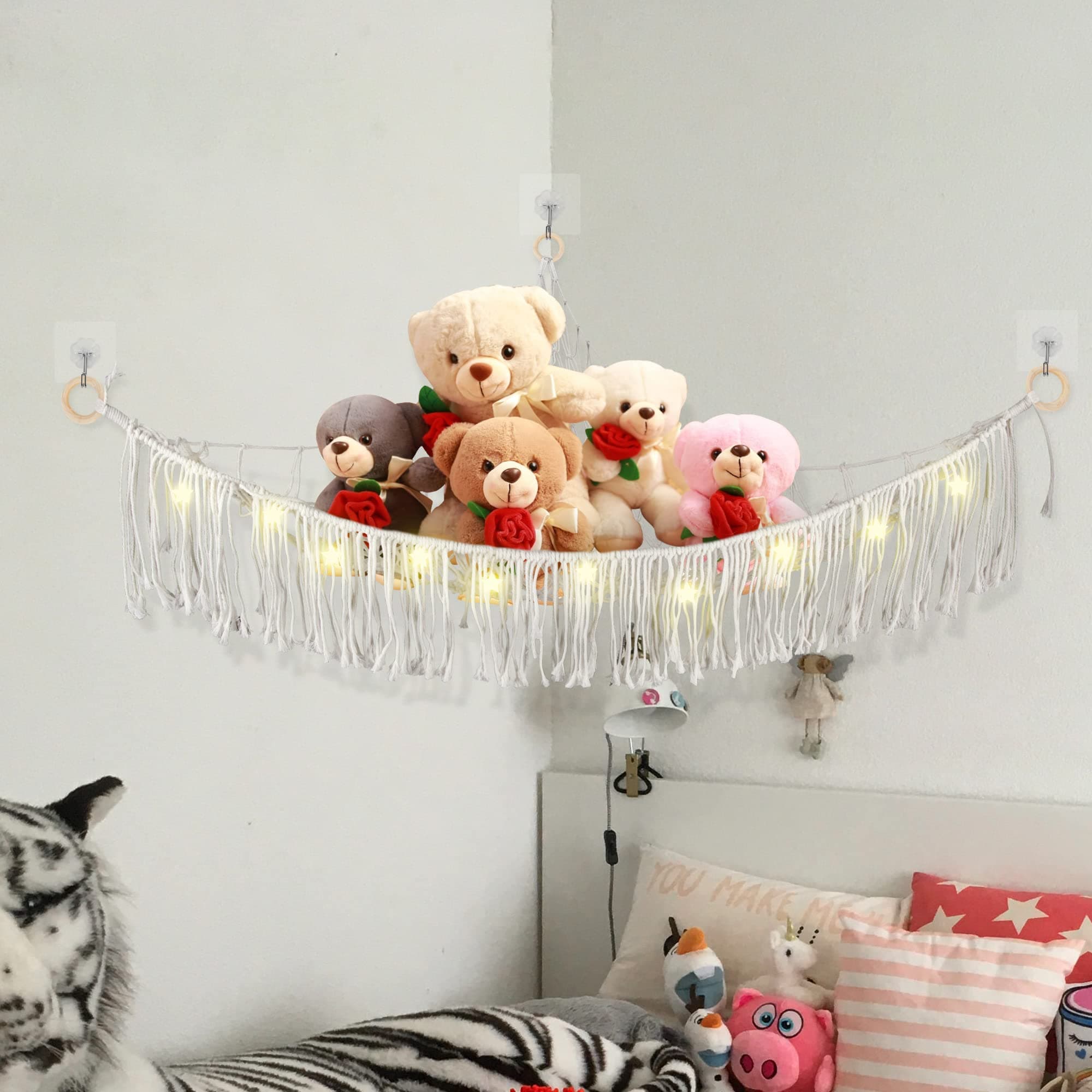63x63x54 Boho Stuffed Animal Toy Hammock Macrame Large Corner Mesh Toy Storage Hanging Wall Toys Organizer with Light for Bedroom Decor