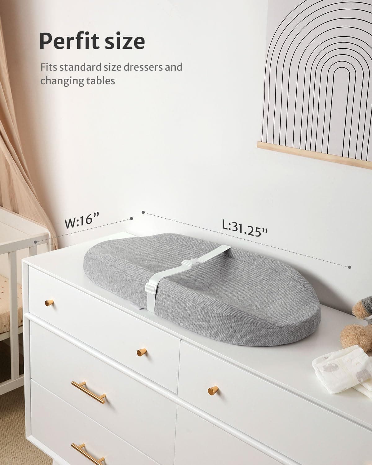 Blissful Diary Baby Changing Pad with Waterproof Lining Foam, Includes a Soft & Washable Cover, Contoured Changing Table Pads for Dresser Top with Non-Slip Bottom, 32”×16”, Gray