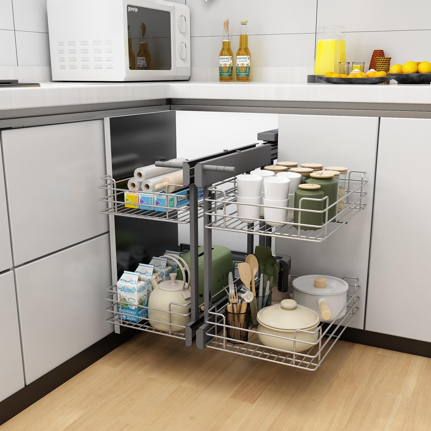 VADANIA Blind Corner Pull Out Organizer for 800mm Cabinet Left Open & Right Open Compatible, Min Opening 370mm, 2-Tier Pull-Out Basket, Soft Close, Bottom Mount