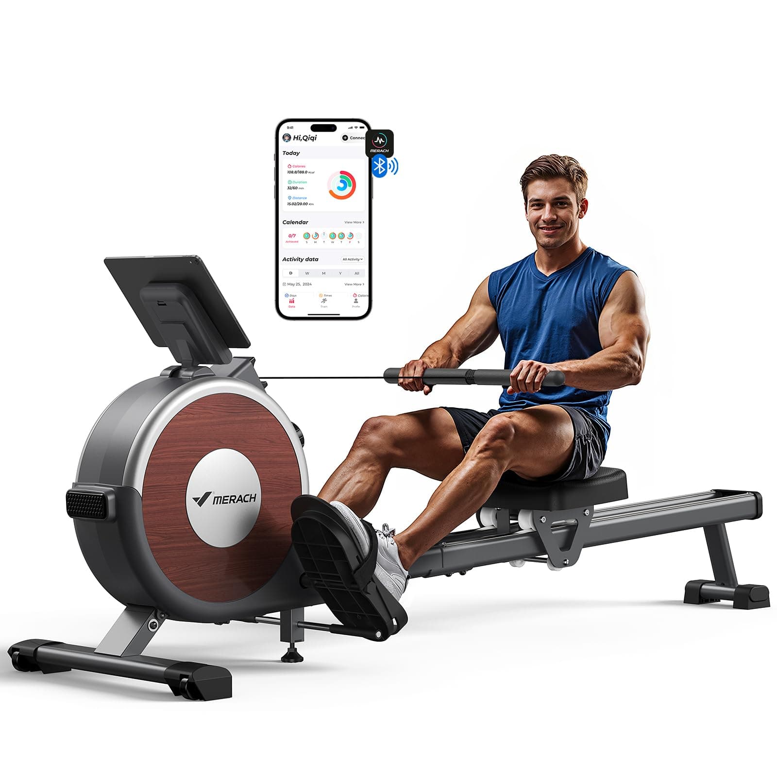 Merach Rowing Machines for Home Use,Quiet Magnetic Rower Machine 16 Levels of Resistance,Dual Slide Rail with Max 160kg Weight Capacity, App Compatible with LCD Monitor