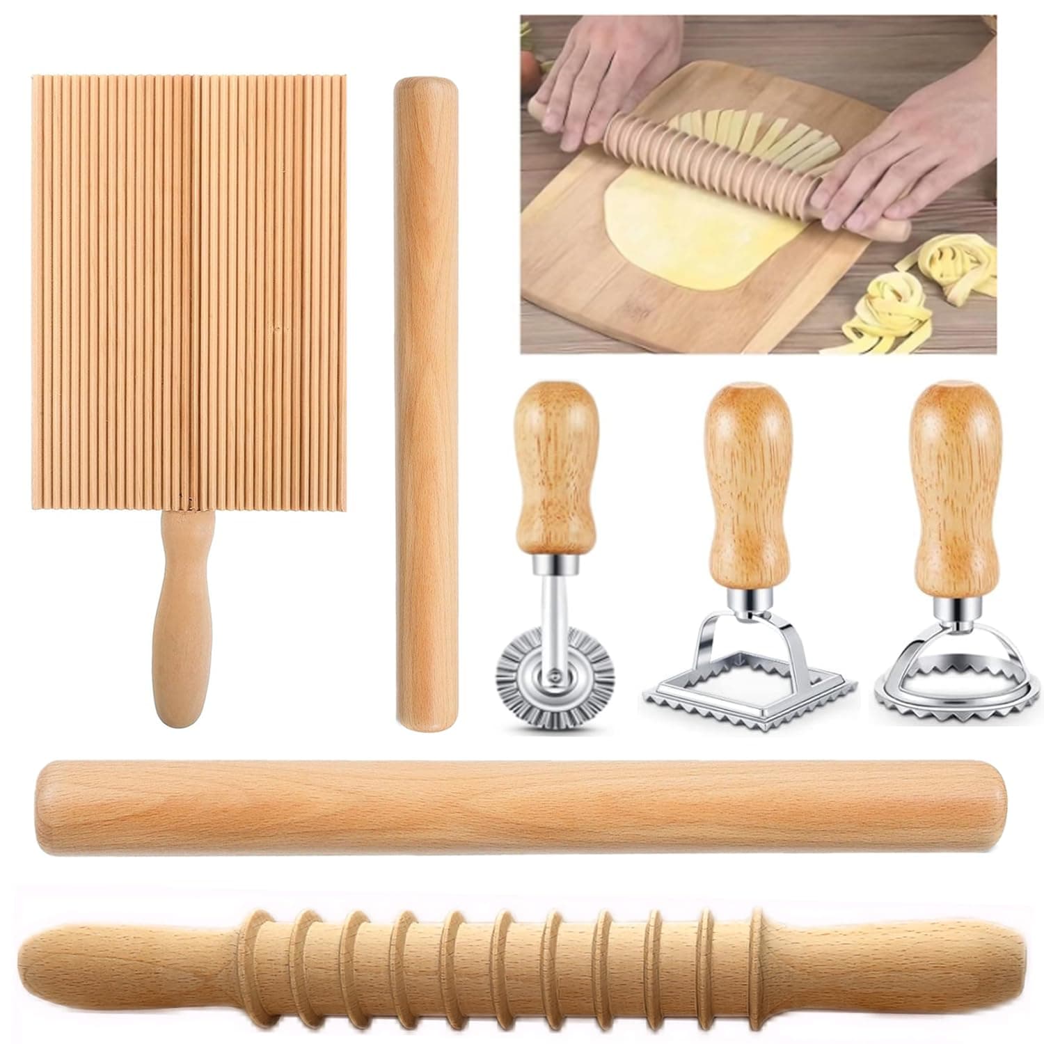 7 Pcs Pasta Making Tool Set Include (Wooden Cutter、Rolling Pin 、Gnocchi Board 、Wood with Roller、3 Ravioli Stamp Maker Cutter) for Kitchen Homemade Noodle