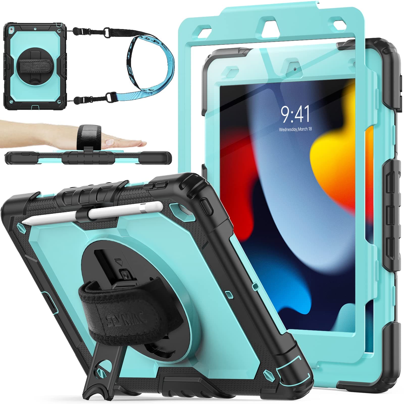 SEYMAC stock Case for iPad 9th / 8th / 7th Generation 10.2'' with Screen Protector Pencil Holder, 360° Rotating Stand Shoulder Strap Protective Case for iPad 10.2 inch (2021/2020/2019), Skyblue+Black