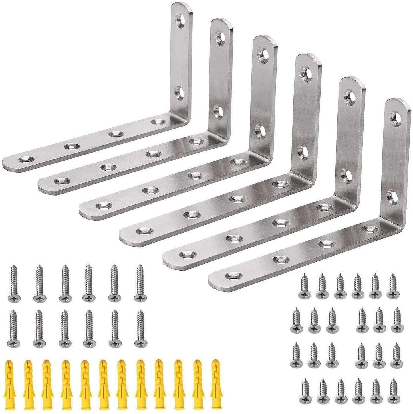 6 Pack Heavy Duty Right Angle Bracket Stainless Steel L Shaped Corner Brace Joint Wall Shelf Support, 125mm×75mm, Screws Included