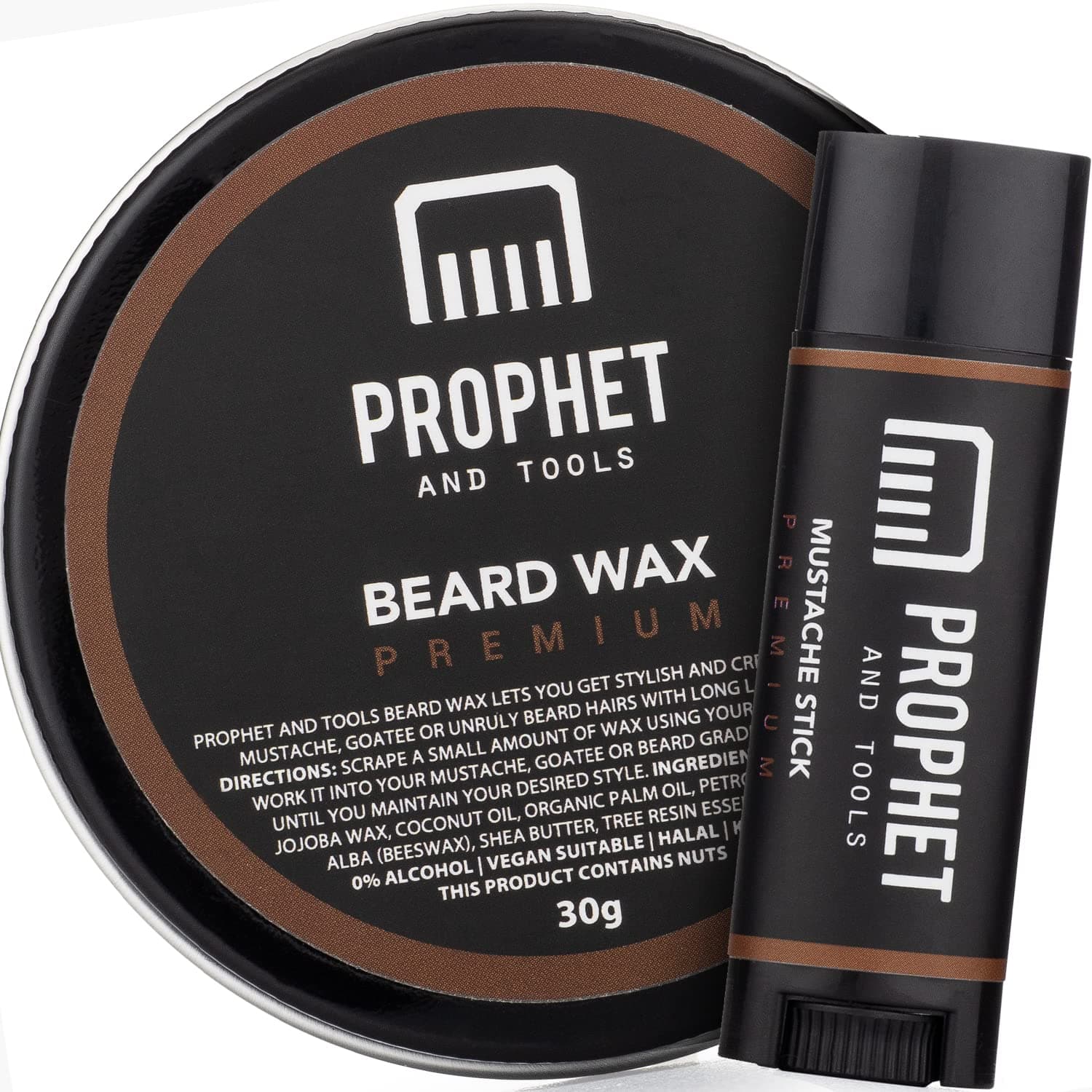 Prophet and Tools NEW PREMIUM Beard Wax & Mustache Stick Set | Hold Level = STRONG - Style, Straighten Mold Facial Hair - ORGANIC, VEGETARIAN & HALAL!