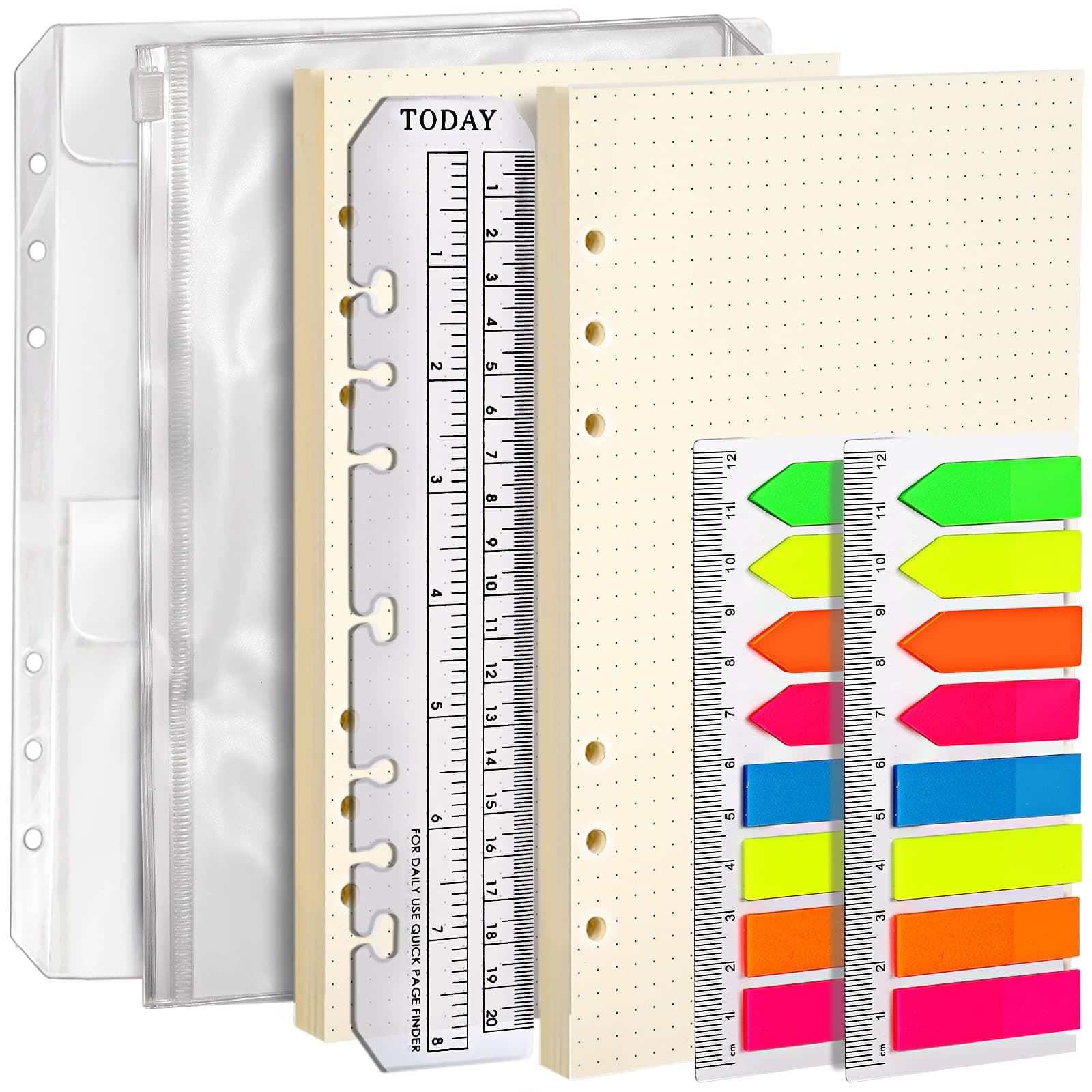 LEOBRO A5 Paper, Dotted Paper for A5 Binder, Planner Inserts, with Binder Pocket, Index Tabs, Square Rulers for Drawing, Refill for Planner Notebook Journal