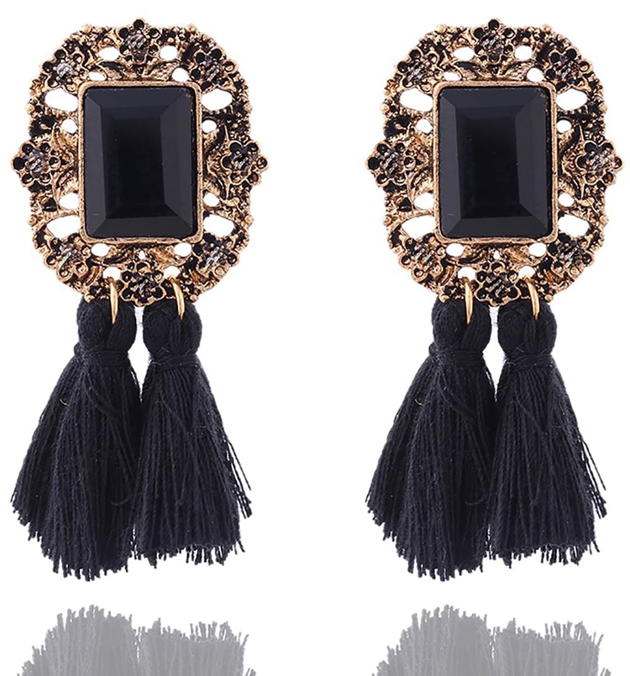 Aashya Mayro Alluring Black Semi-Precious Stone Gold Oxidized Black Thread Tassel Earring for Women and Girls