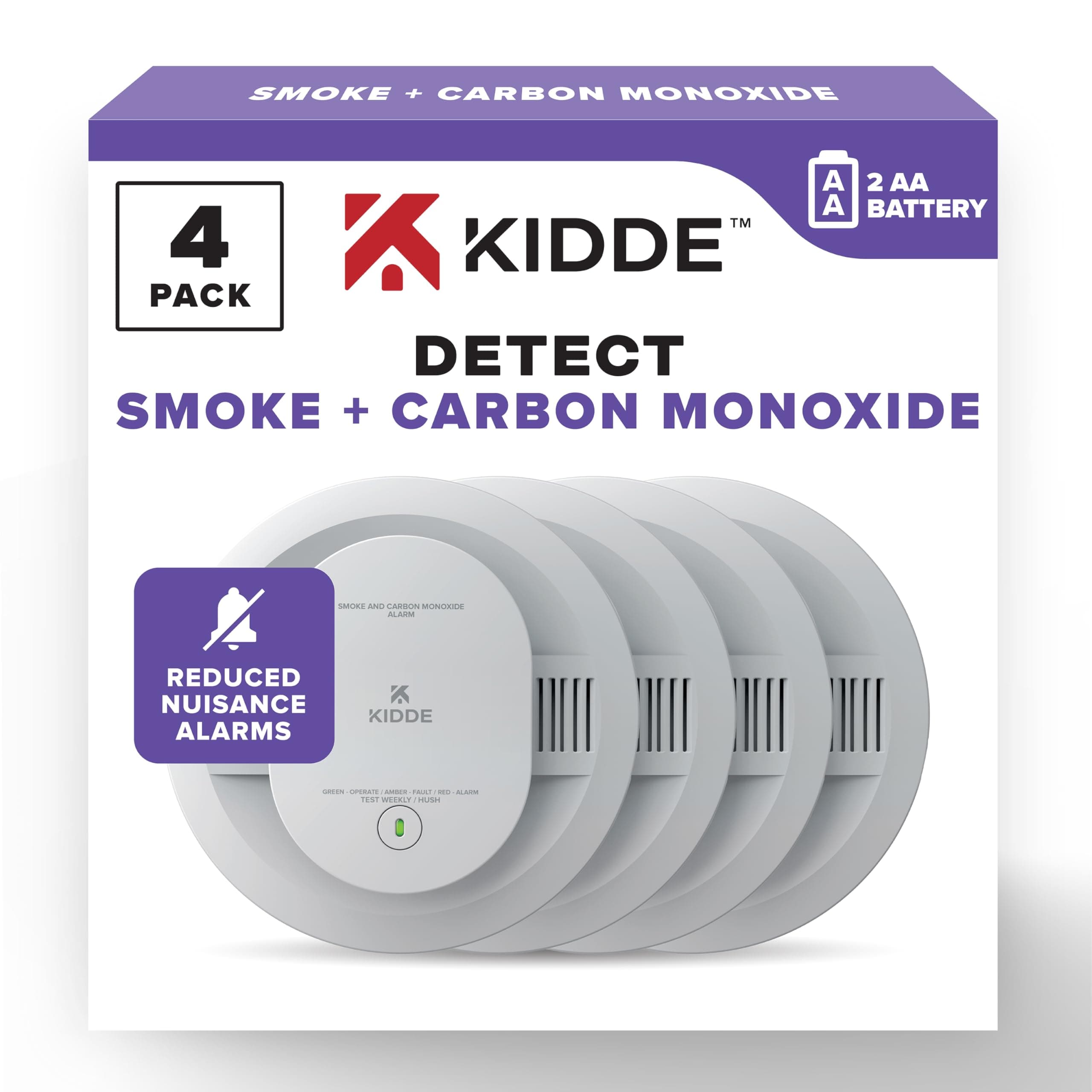 Smoke and Carbon Monoxide Detector, AA Battery Powered with LED Status Lights, 85 dB Alarm, 5 inches, 30CUDR, 4 Pack