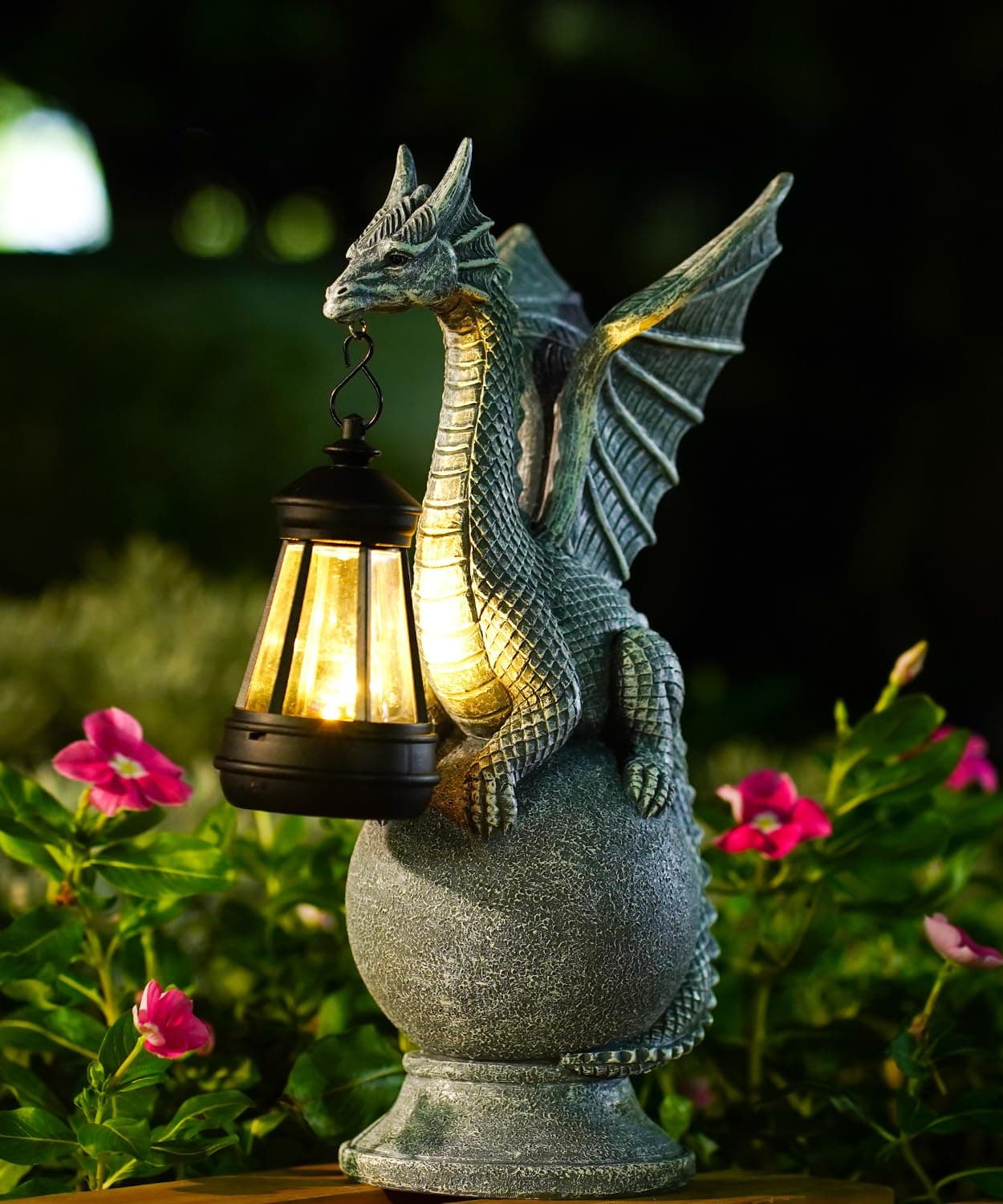Goodeco Dragon Statue with Solar Light Figurine standing on a round ball - Lawn Decor Outdoor Statue for Patio, Balcony, Yard Ornament,Unique Gifts for Mum Grandma