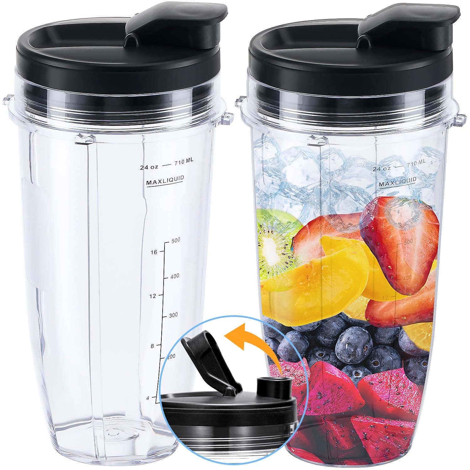 Replacement 24oz Blender Cup with Sip & Seal Lid For Nutri Ninja BL450 BL456 BL480 BL482 BL640 BL642 BL682 BN401 BN751 BN801 Foodi SS101 SS151 SS351 SS401 Ninja Blender Auto IQ Blade, 2-Pack …