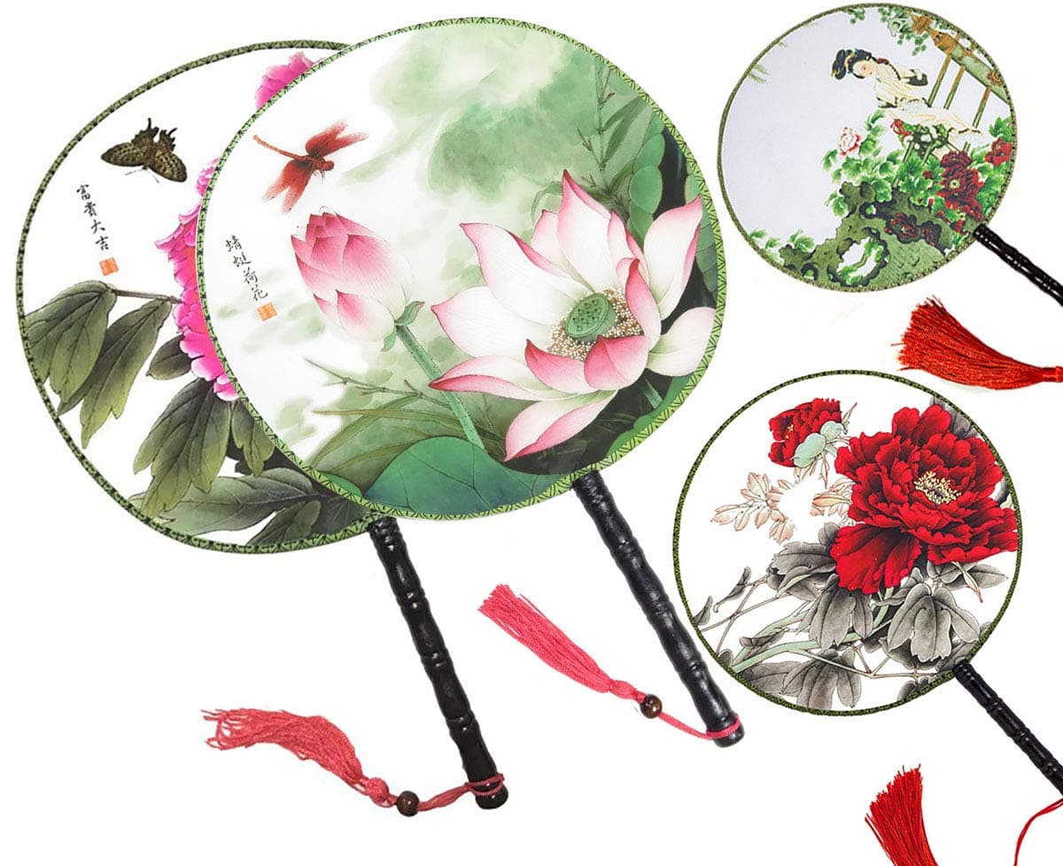 Fodattm 4PCS Round Double-Sided Pattern Chinese Ancient Hand Fan Classic Palace Paddle Hand Fan Dance Hand Fan