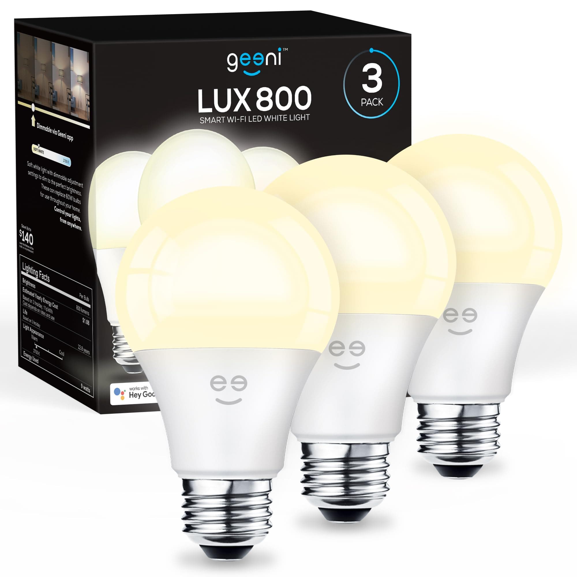 Geeni Smart LED Light Bulb 3 Pack A19 WiFi Dimmable Soft White 800 Lumens, Works with Alexa & Google Assistant, Voice Control, Energy Efficient Smart Bulbs