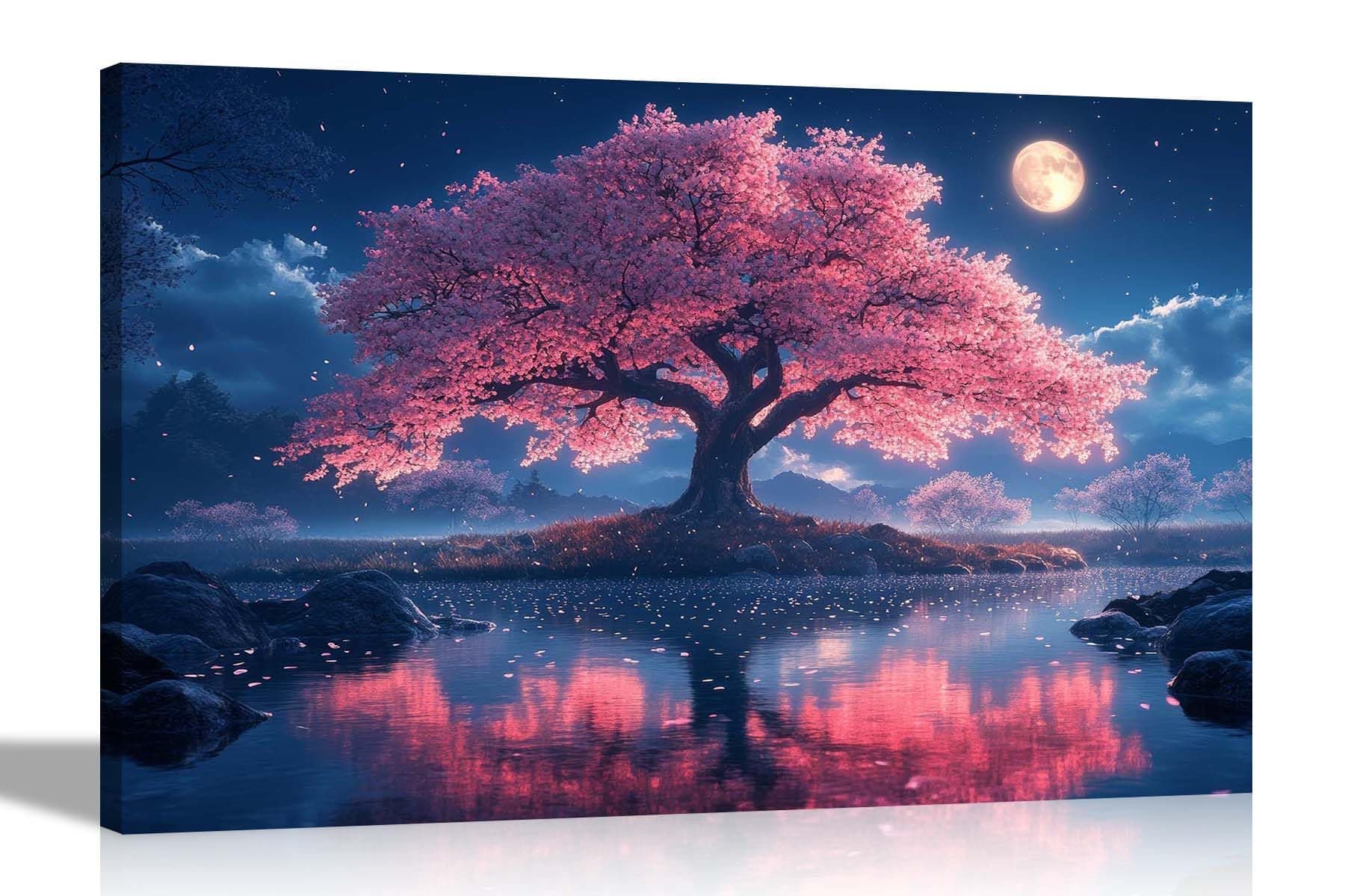 Artley Prints - Cherry Tree Moon Light Lake Landscape Canvas Prints for Living Room Décor Wall Art Pictures Great Home Gift Large 86 x 61cm (34 x 24 inches) A1
