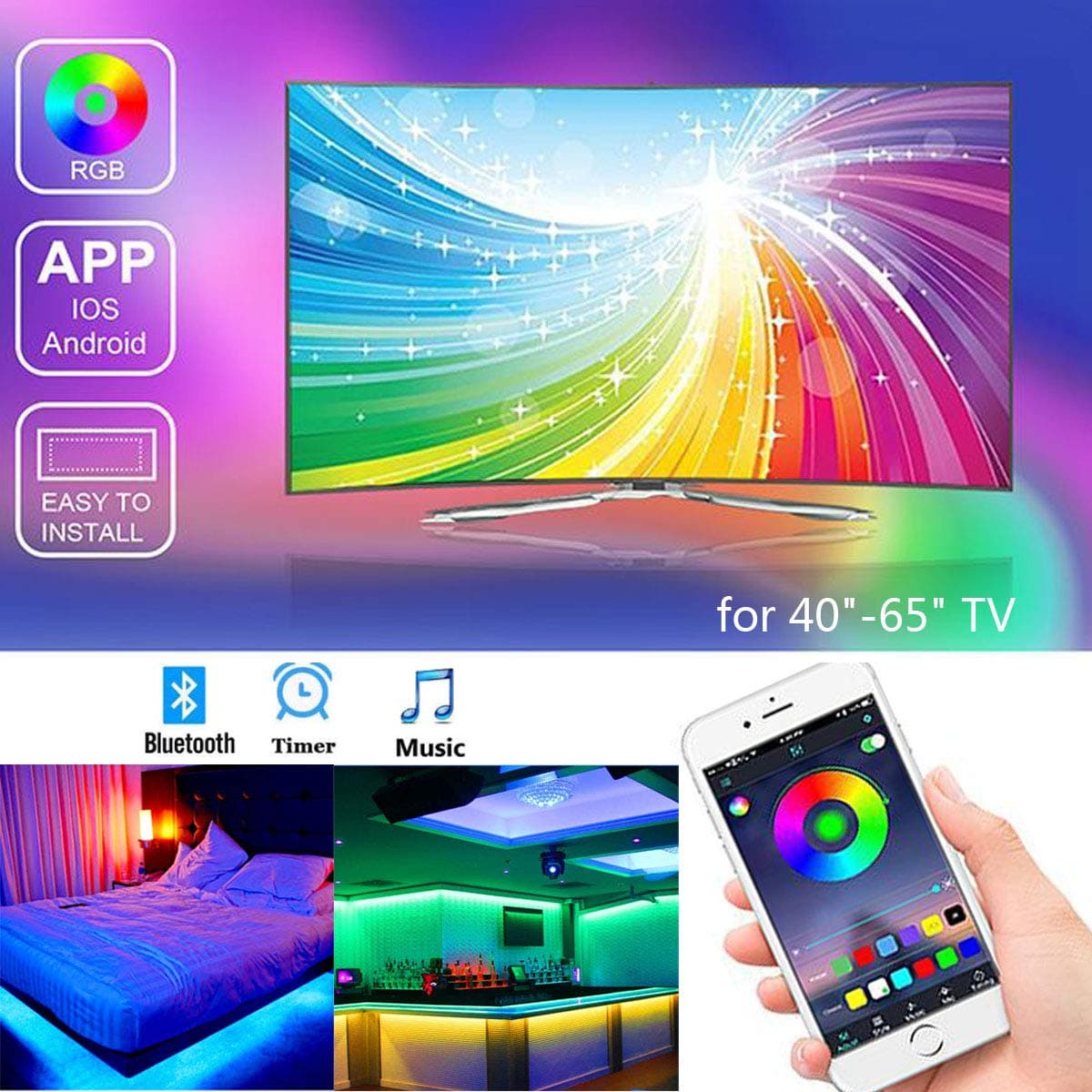 LED Strips Lights TV Backlight,2M RGB LED Strip USB Powered for 40 Inch-60 Inch TV, APP Control Sync to Music, Bias Lighting, 5050 RGB Waterproof IP65, for Android iOS (4pcs x 50cm)