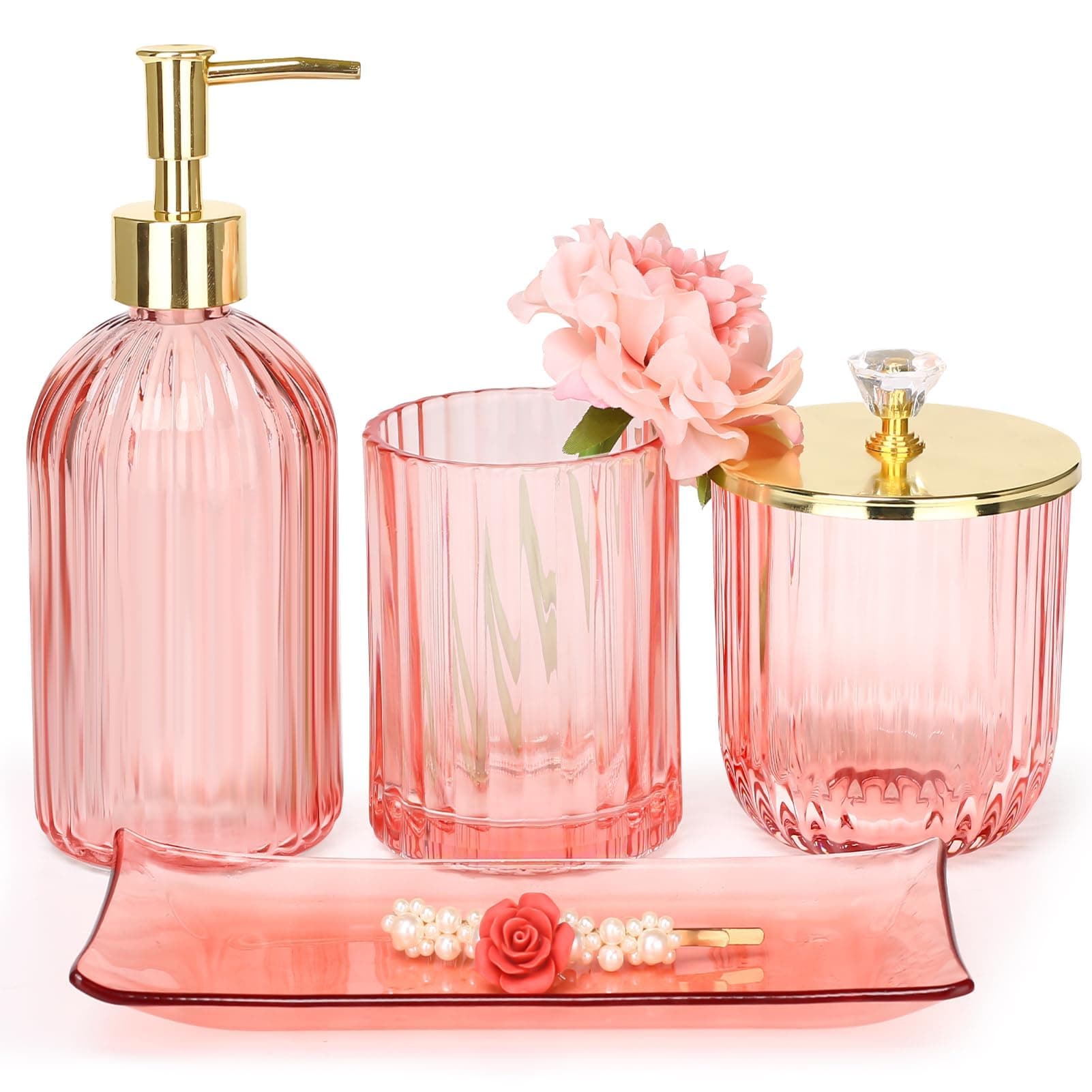 Bathroom Accessories Set, 4 Pcs Glass Bathroom Accessories Sets Complete w/Lotion Soap Dispenser, Toothbrush Holder, Apothecary Jar, Vanity Tray, Modern Bathroom Decor, Gift for Home Apartment- Pink
