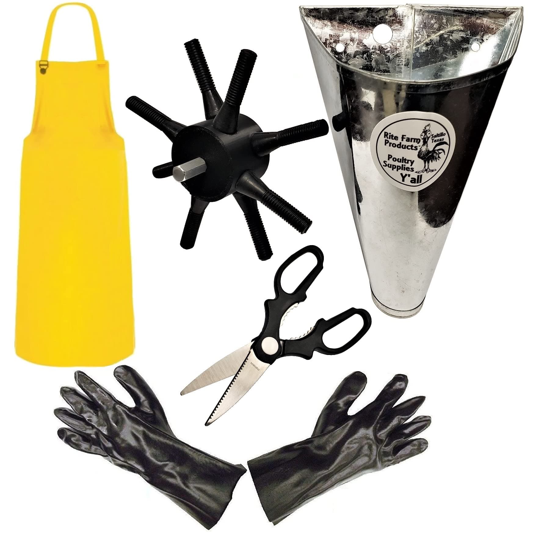 Rite Farm Products S8 Processing KIT Quail Drill Plucker, X Small Kill Cone, Apron, Gloves, Scissor