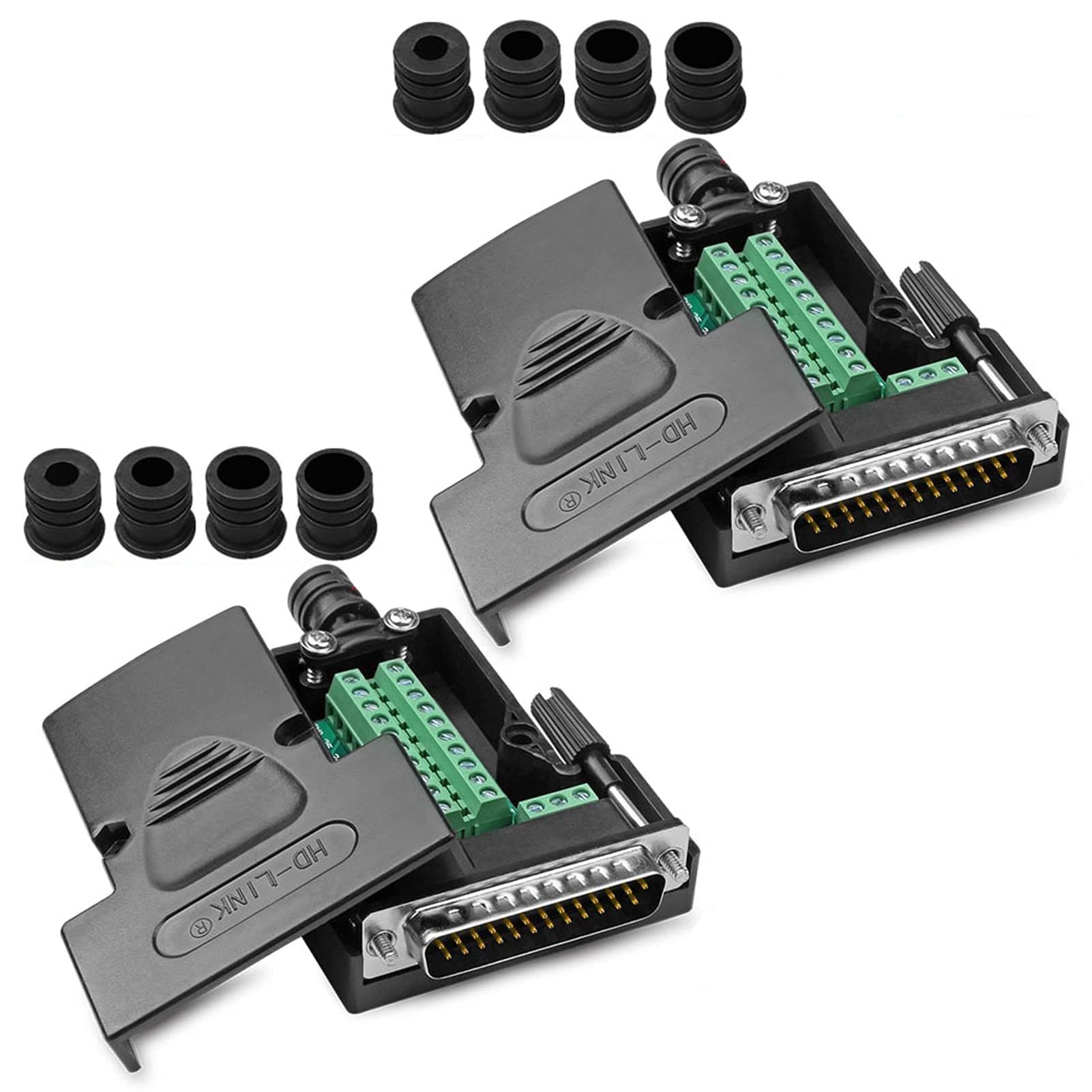 2PCS DB25 Solderless Connector, RS232 D-SUB Serial to 25-pin Port Terminal Male Adapter Breakout Board with Case Long Bolts Nuts