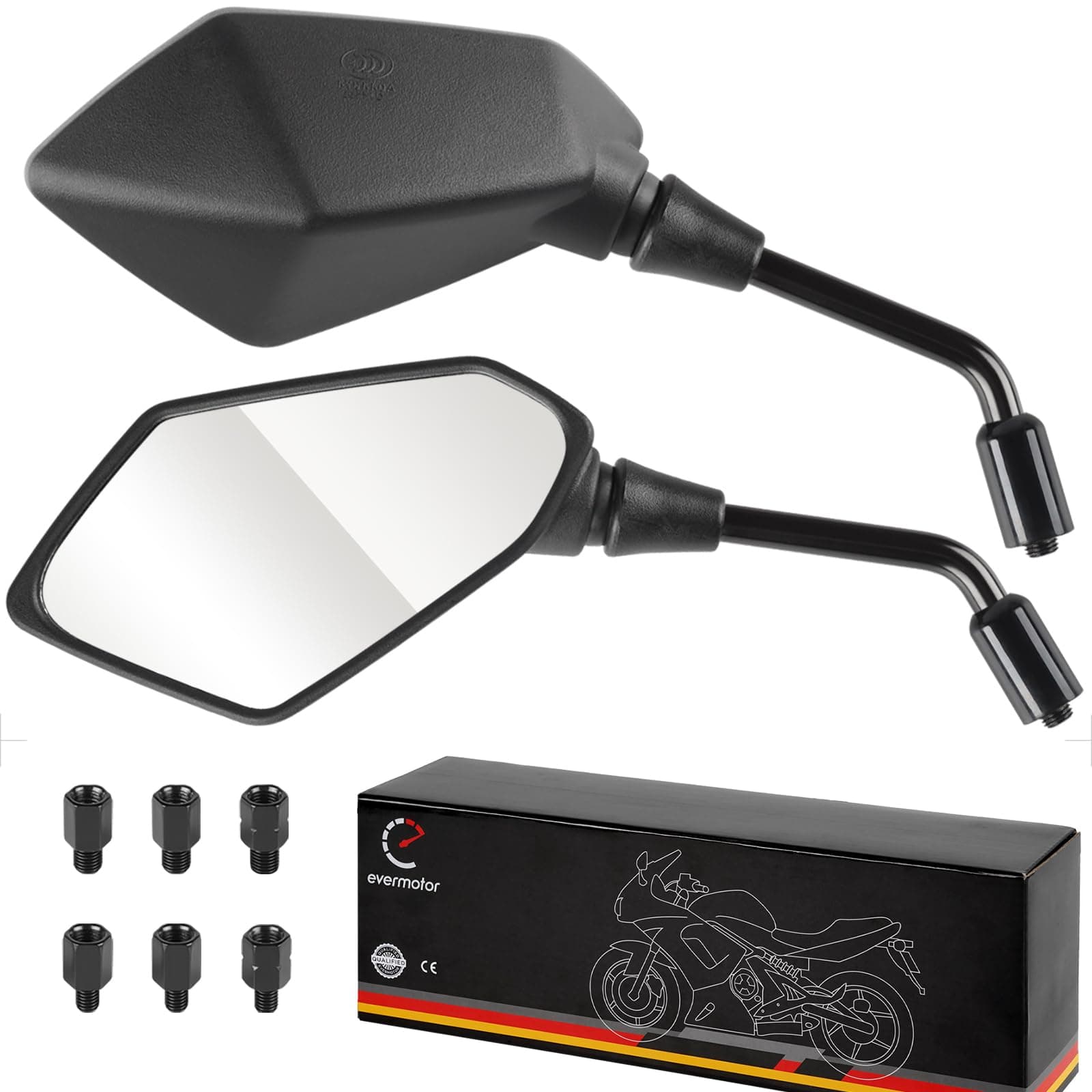 Evermotor Universal Motorcycle Mirrors with M8 M10 Clockwise and Counter Clockwise Threaded Bolts E-Mark Certified for ATV Scooter Cruiser