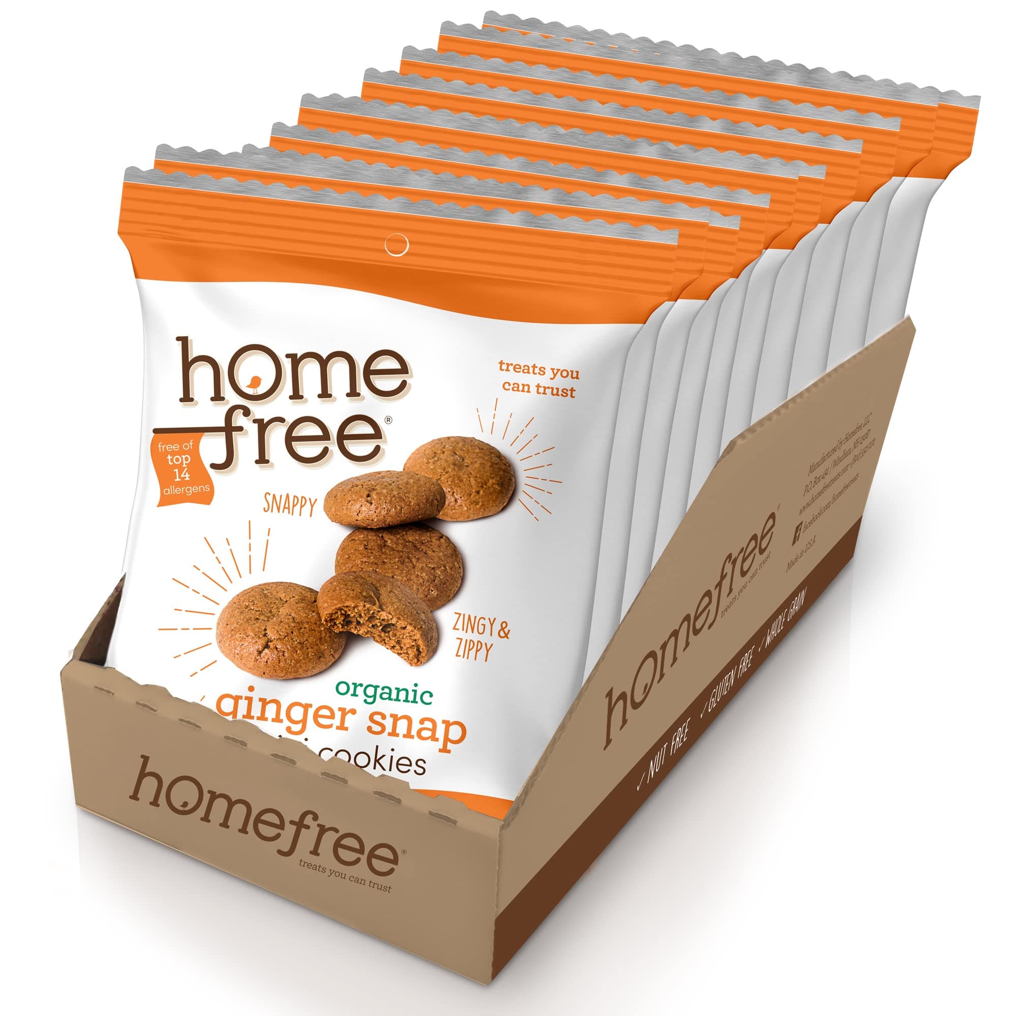 Homefree Mini Ginger Snap Cookies, Organic, Gluten Free, Nut Free, Vegan, Individually Wrapped Packs, School Safe and Allergy Friendly Snack, 0.95 oz. (Pack of 10)