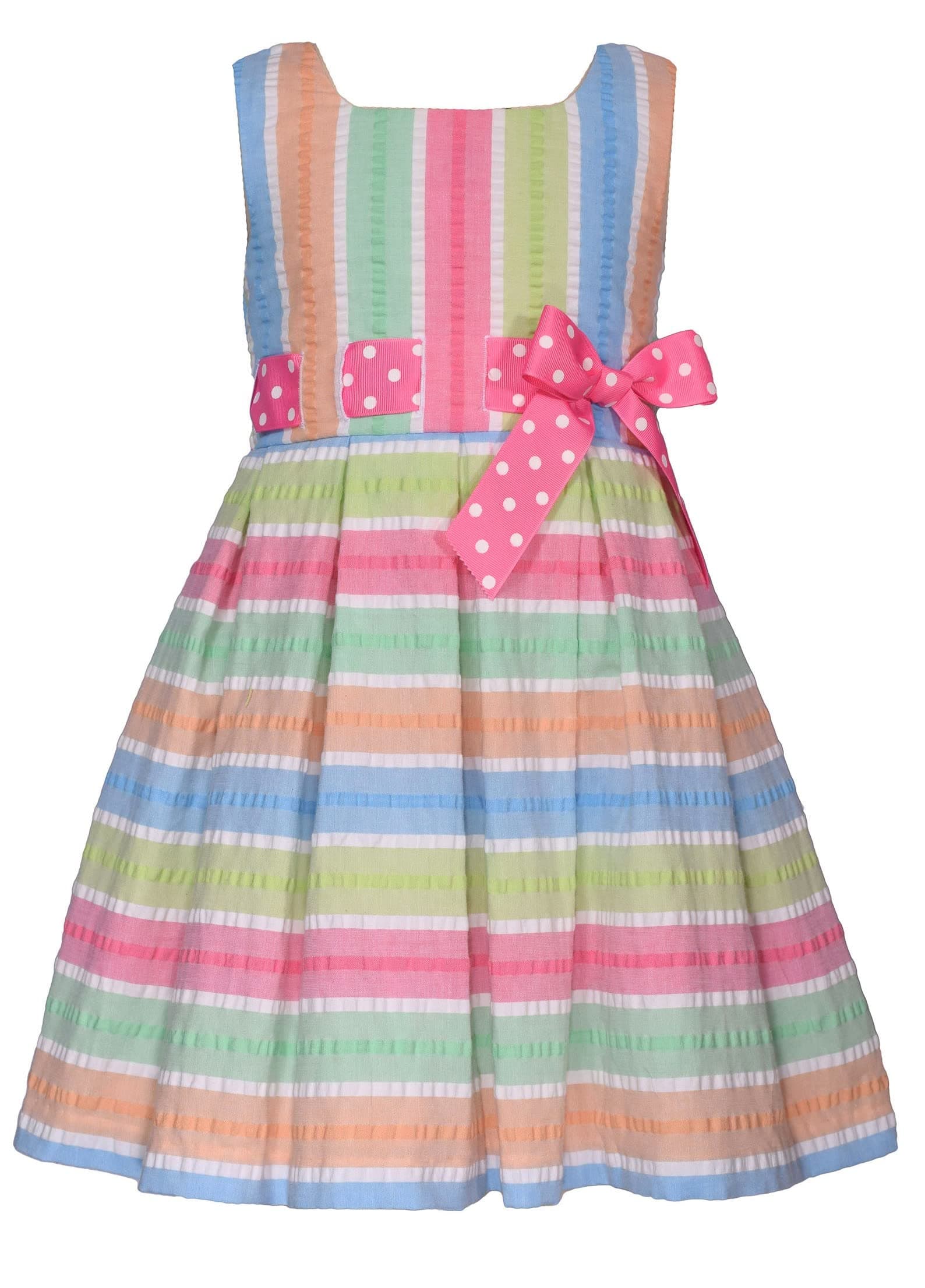 Bonnie JeanGirls 3M-16 Bright Stripe Seersucker Pull-Through Bow Dress