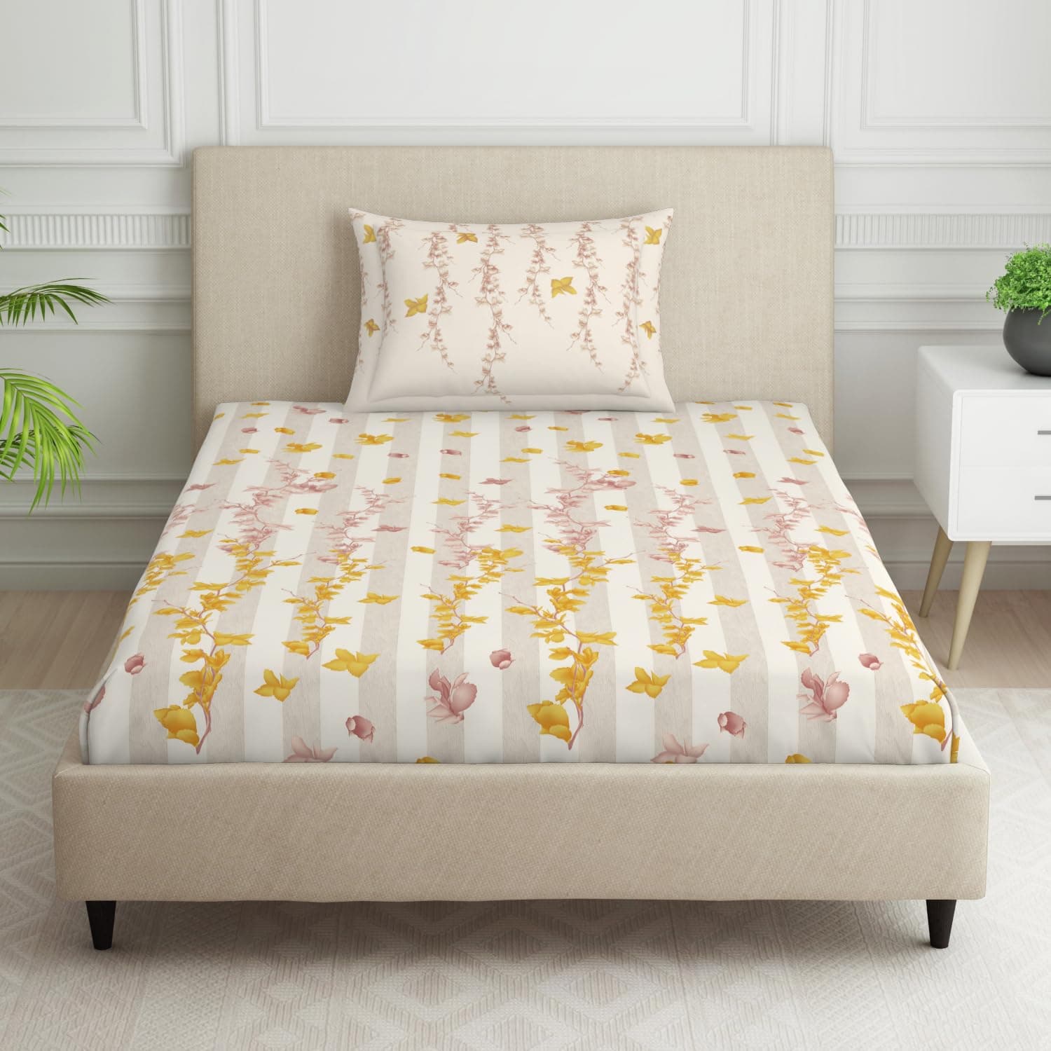 SPACES 100% Cotton Single Bedsheet with 2 Pillow Covers (Size 60 x 88 inch) | 144 TC Bed Sheet for Single Bed | Breathable Pure Cotton Small Size Bedsheet | PHULERI | Floral Cream