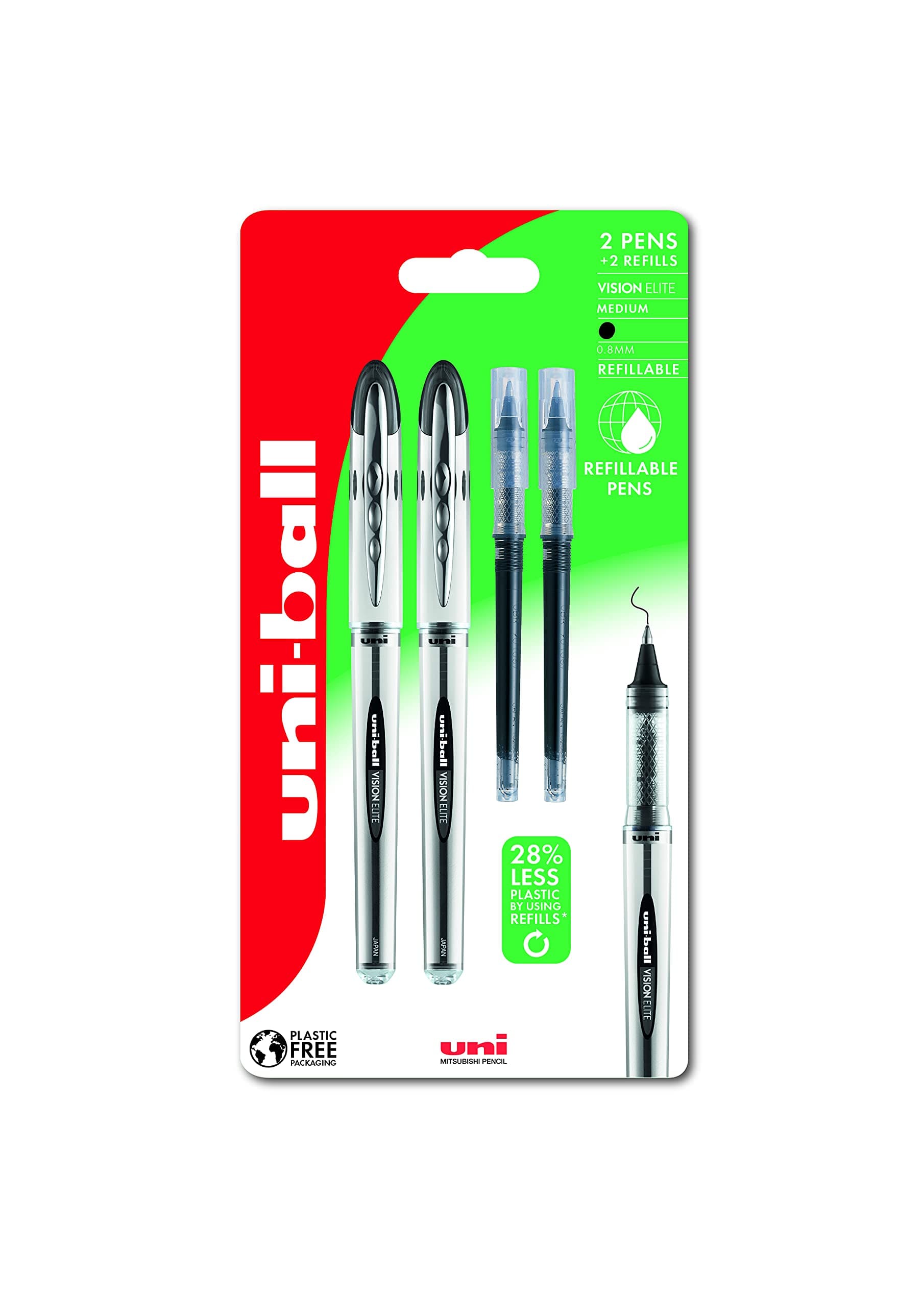 UB-200 Vision Elite Rollerball Pens. Premium Medium 0.8mm Ballpoint Tip for Super Smooth Handwriting, Drawing, Art, Crafts and Colouring. 2 Pens + 2 Refills with Black Uni Super Ink
