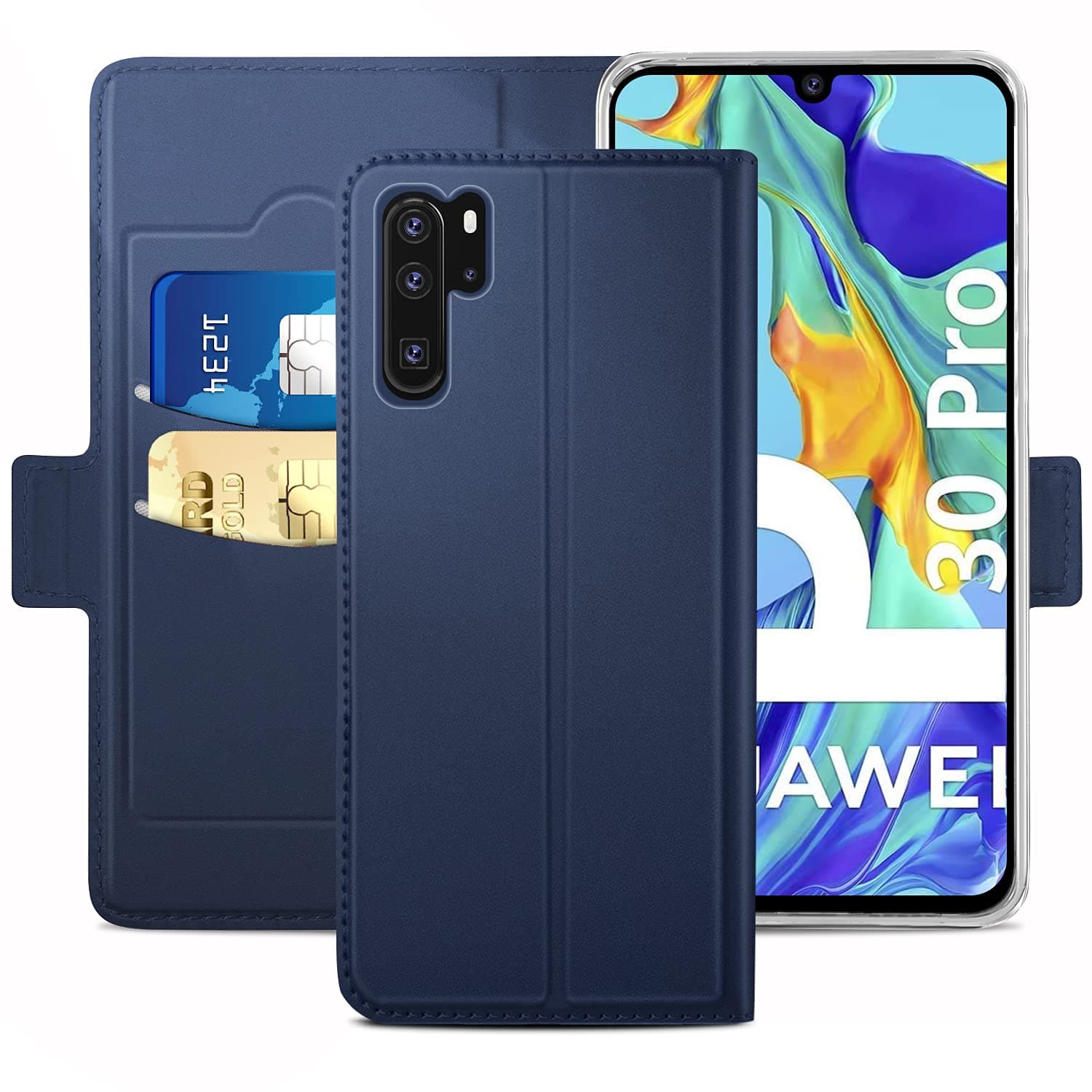 YATWIN Case Compatible for Huawei P30 Pro case, Premium PU Leather with Wallet Card Slot Magnetic Closure Flip Case Cover for Huawei P30 Pro Cases - Blue