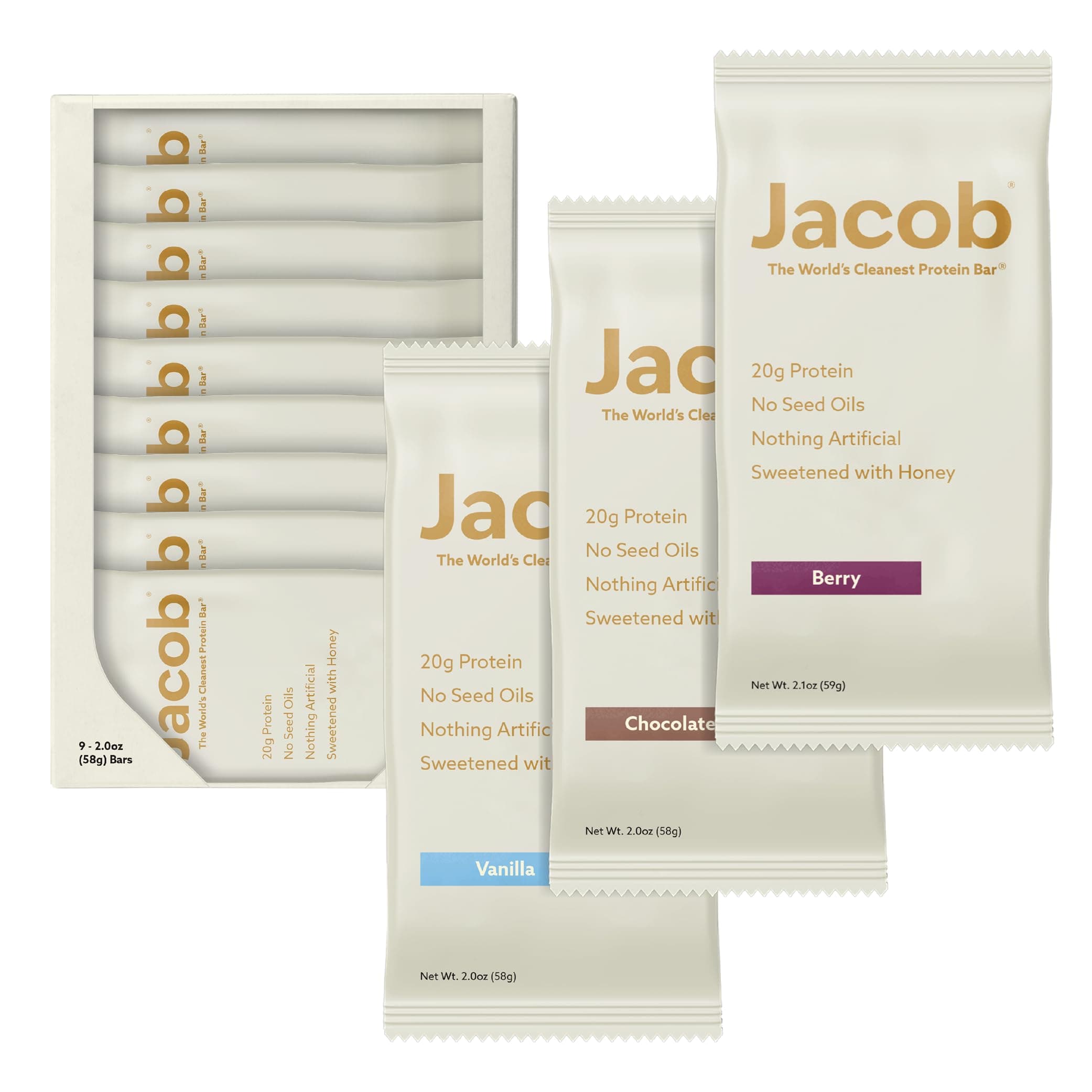 Bar, Protein Bars, Variety Pack (9 Bars Total) Contains 3 of Each; Chocolate, Vanilla, Berry - 20g Grass-Fed Protein, No Seed Oils, Nothing Artificial